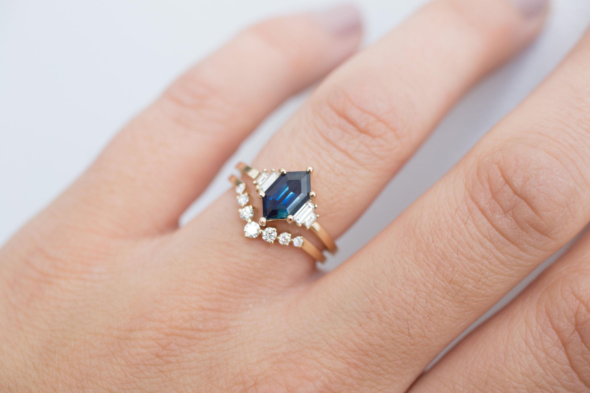 Ash Ring | Indigo Blue Hexagonal Sapphire + Diamond Baguette Engagement Ring | 14k Recycled Gold | One of a Kind