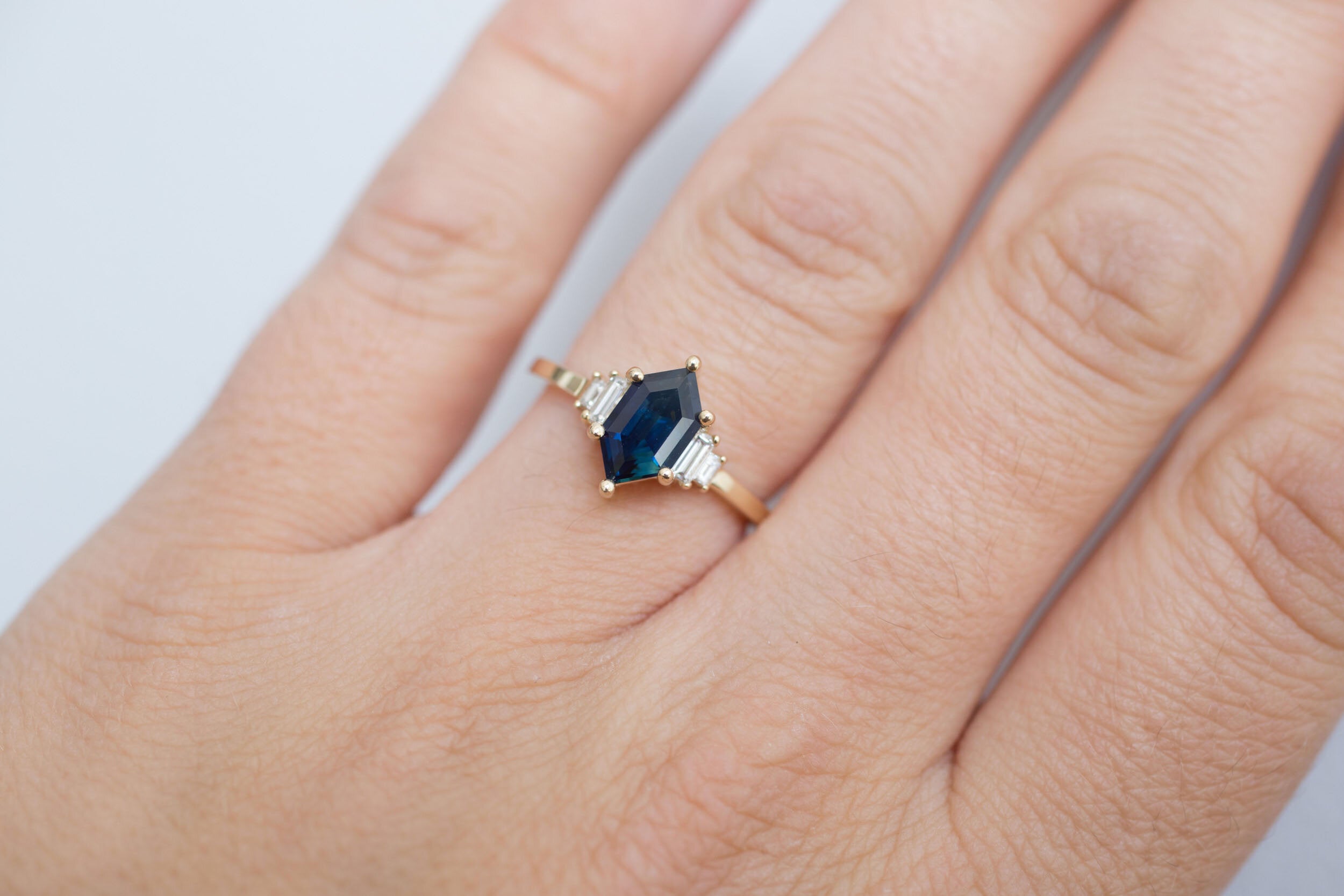 Ash Ring | Indigo Blue Hexagonal Sapphire + Diamond Baguette Engagement Ring | 14k Recycled Gold | One of a Kind