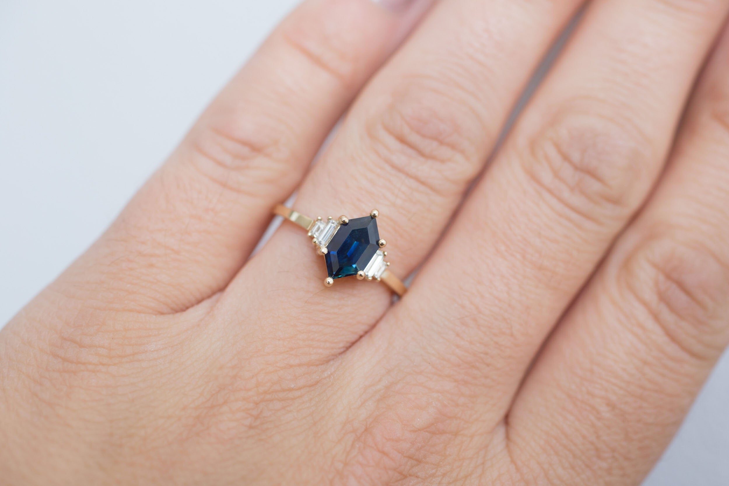 Ash Ring | Indigo Blue Hexagonal Sapphire + Diamond Baguette Engagement Ring | 14k Recycled Gold | One of a Kind