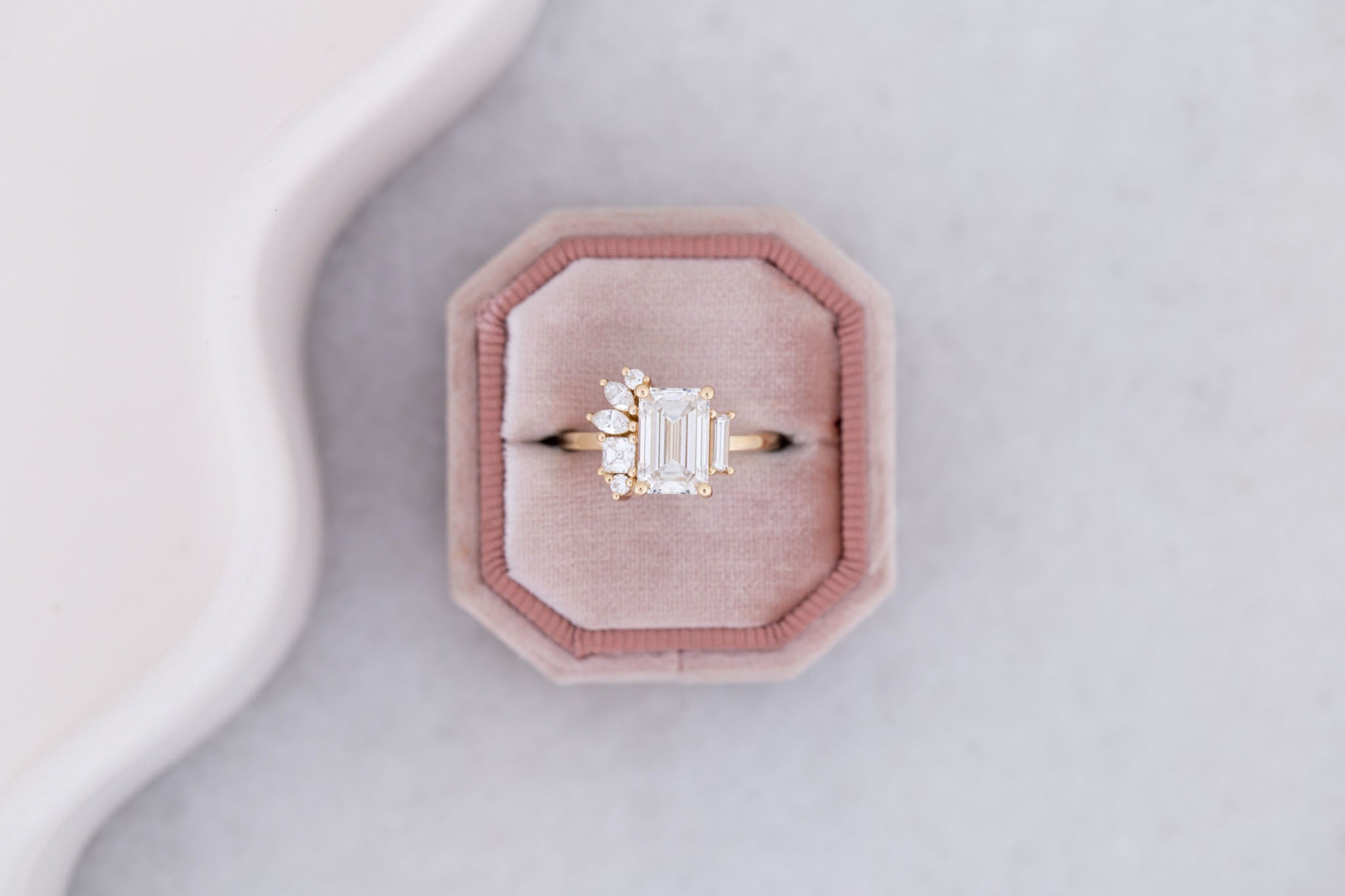 Paloma Ring | Lab Emerald Cut Diamond + Diamond Cluster Engagement Ring 2.25 ct | 14k Recycled Gold | One of a Kind