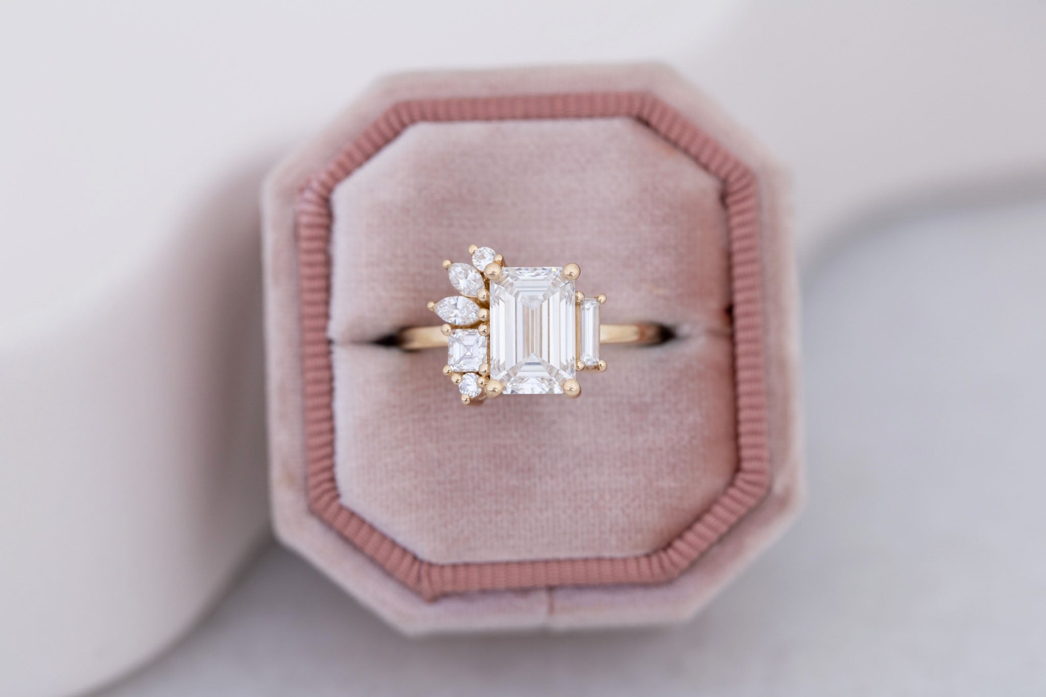 Paloma Ring | Lab Emerald Cut Diamond + Diamond Cluster Engagement Ring 2.25 ct | 14k Recycled Gold | One of a Kind