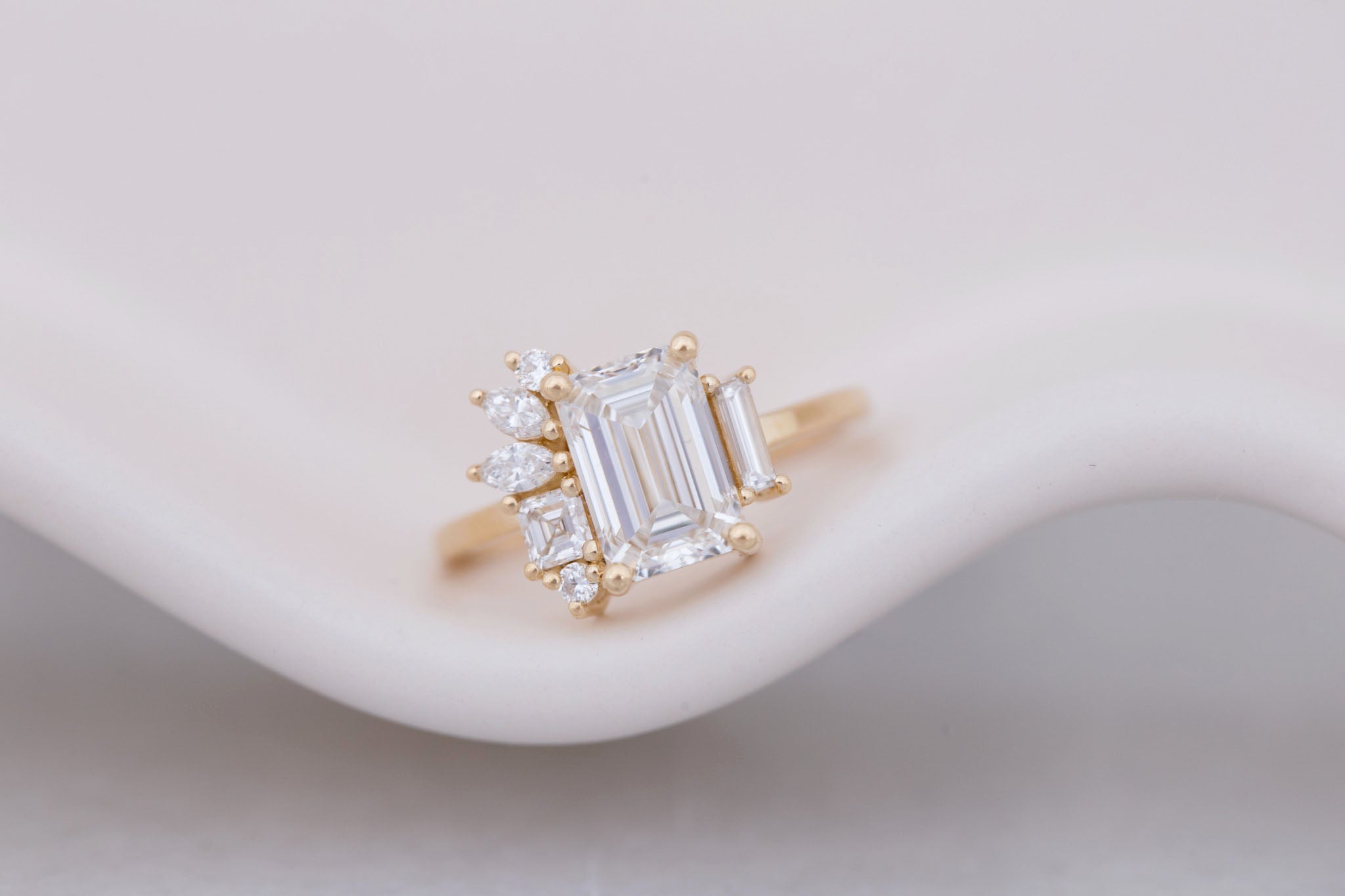 Paloma Ring | Lab Emerald Cut Diamond + Diamond Cluster Engagement Ring 2.25 ct | 14k Recycled Gold | One of a Kind