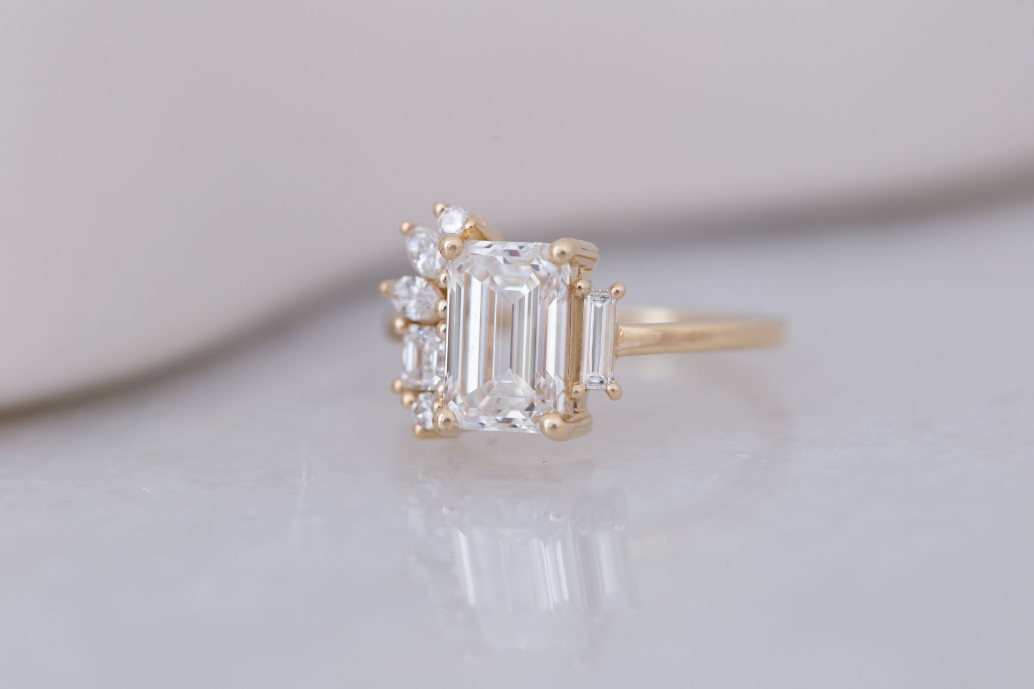 Paloma Ring | Lab Emerald Cut Diamond + Diamond Cluster Engagement Ring 2.25 ct | 14k Recycled Gold | One of a Kind