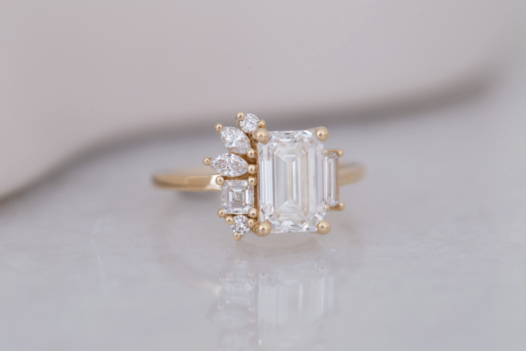 Paloma Ring | Lab Emerald Cut Diamond + Diamond Cluster Engagement Ring 2.25 ct | 14k Recycled Gold | One of a Kind