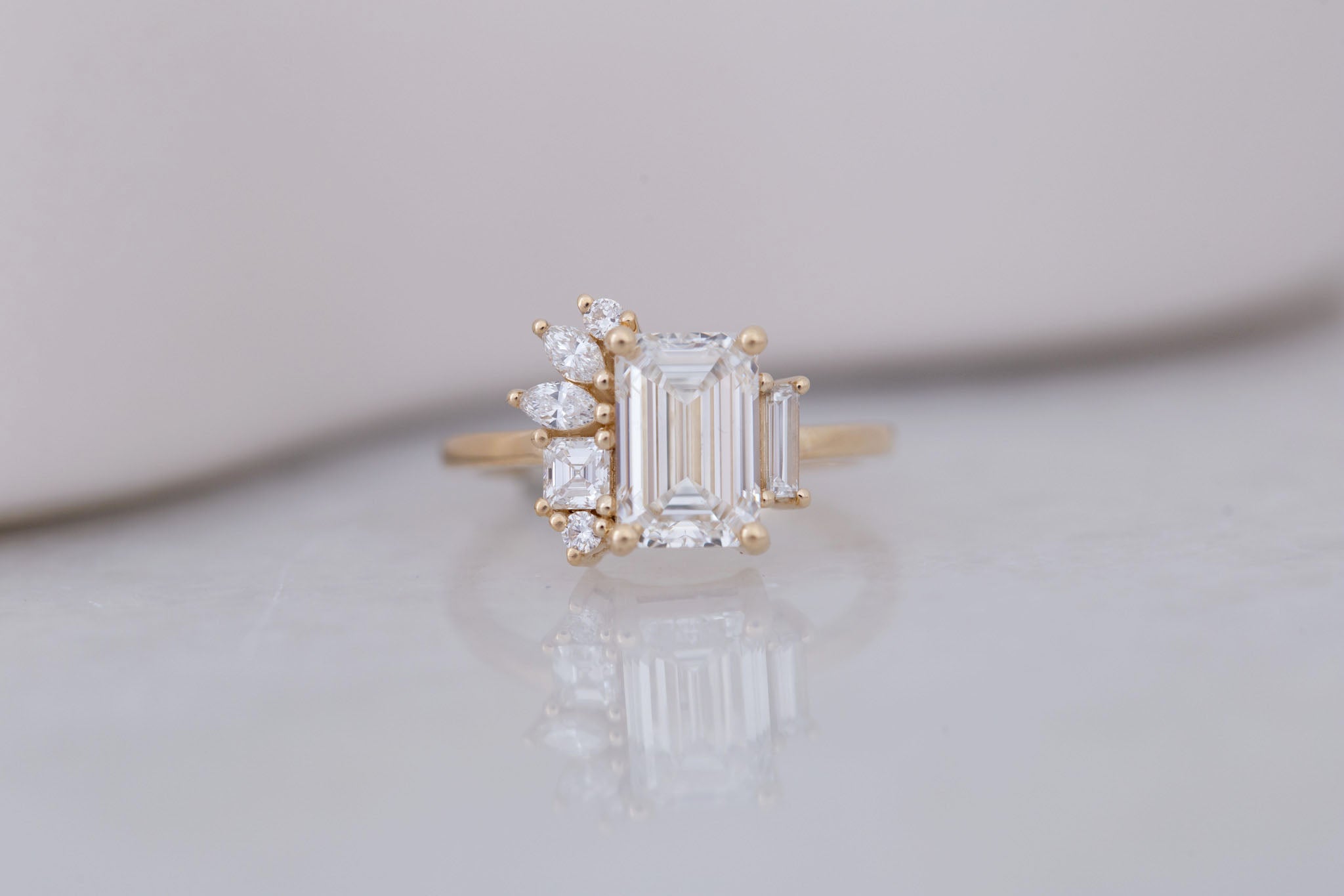 Paloma Ring | Lab Emerald Cut Diamond + Diamond Cluster Engagement Ring 2.25 ct | 14k Recycled Gold | One of a Kind