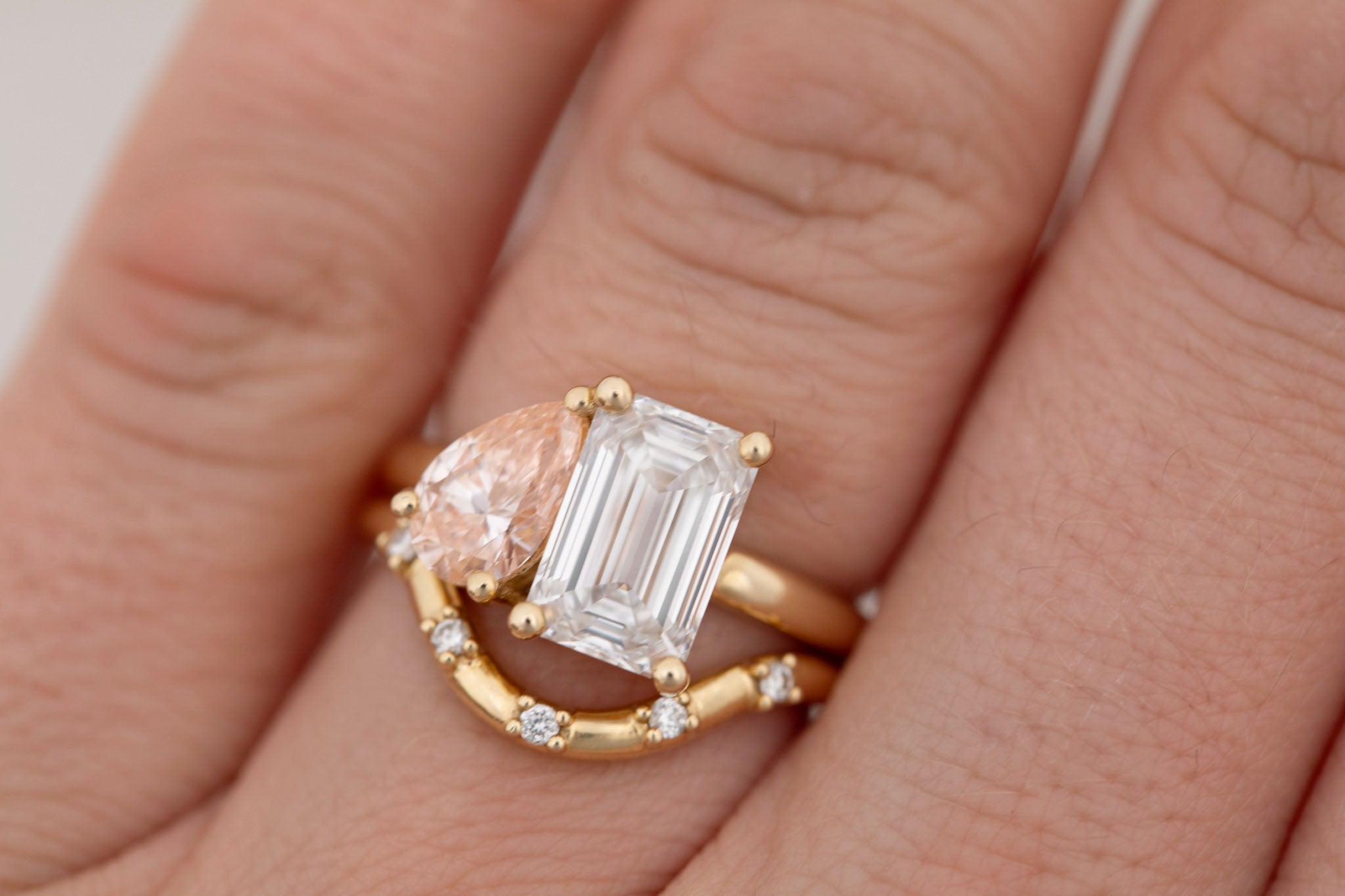Liana Ring | Lab Emerald Cut Diamond + Pear Cut Pink Diamond Engagement Ring 2.52 + 0.86 ct | 14k Recycled Gold | One of a Kind