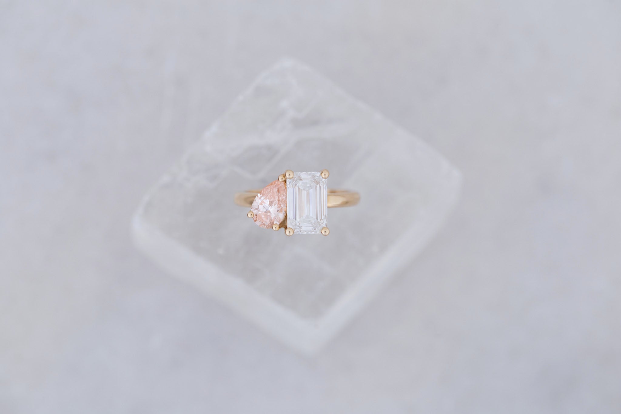 Liana Ring | Lab Emerald Cut Diamond + Pear Cut Pink Diamond Engagement Ring 2.52 + 0.86 ct | 14k Recycled Gold | One of a Kind