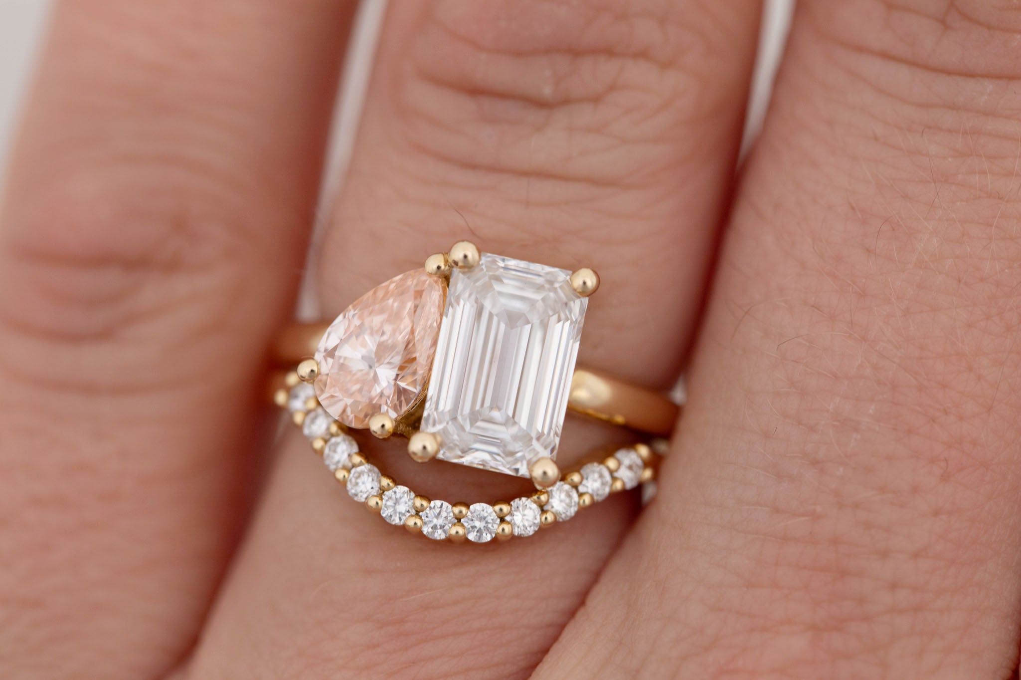 Liana Ring | Lab Emerald Cut Diamond + Pear Cut Pink Diamond Engagement Ring 2.52 + 0.86 ct | 14k Recycled Gold | One of a Kind