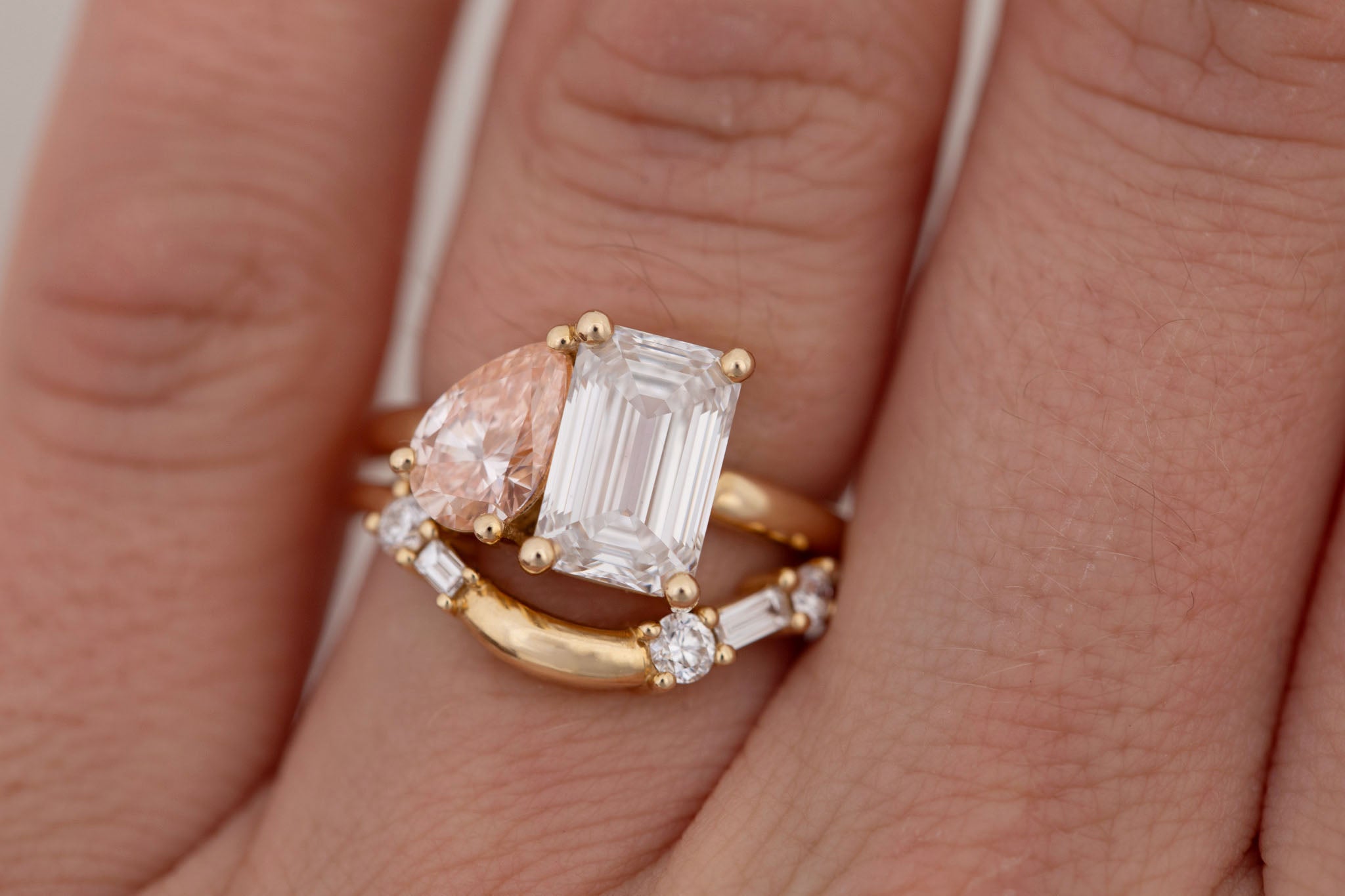 Liana Ring | Lab Emerald Cut Diamond + Pear Cut Pink Diamond Engagement Ring 2.52 + 0.86 ct | 14k Recycled Gold | One of a Kind