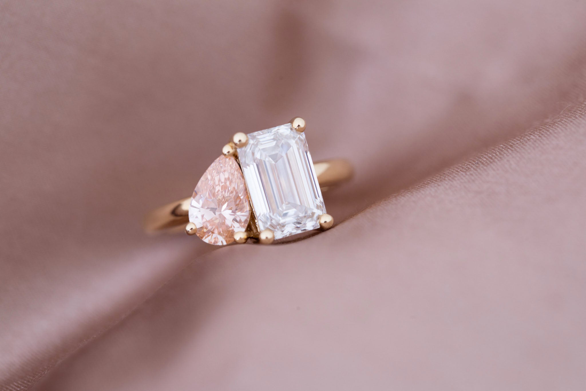Liana Ring | Lab Emerald Cut Diamond + Pear Cut Pink Diamond Engagement Ring 2.52 + 0.86 ct | 14k Recycled Gold | One of a Kind