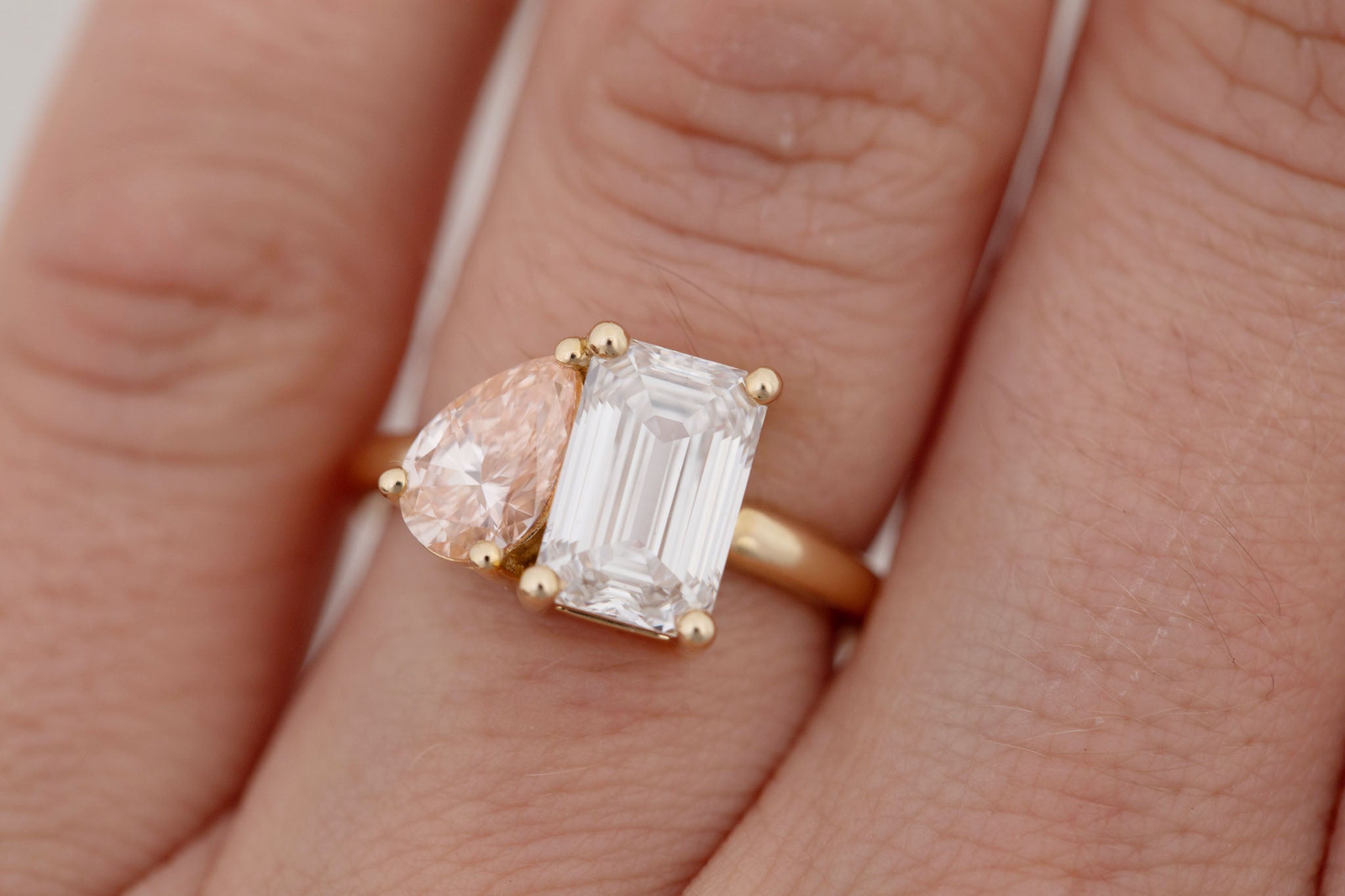 Liana Ring | Lab Emerald Cut Diamond + Pear Cut Pink Diamond Engagement Ring 2.52 + 0.86 ct | 14k Recycled Gold | One of a Kind