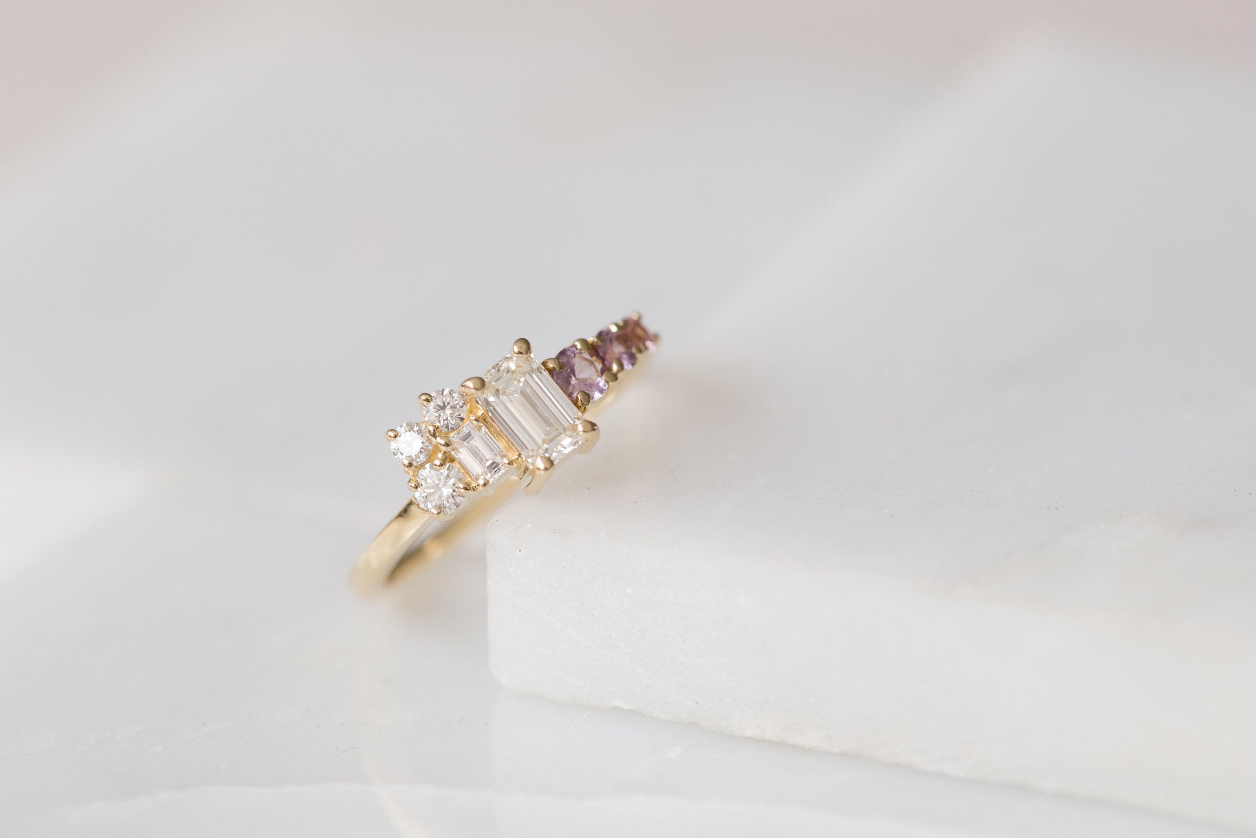 Ailsa Ring | Emerald Cut Diamond + Lavender Sapphire and Diamond Cluster Engagement Ring | 14k Recycled Gold