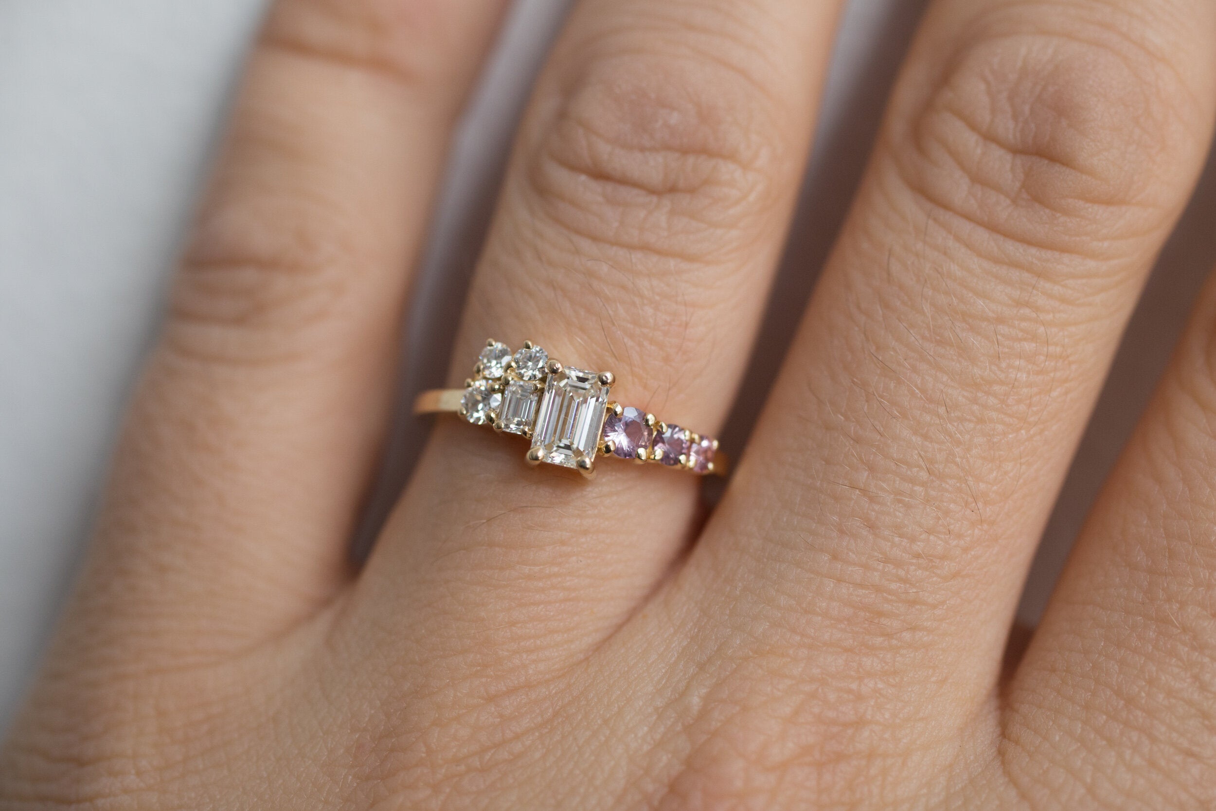 Ailsa Ring | Emerald Cut Diamond + Lavender Sapphire and Diamond Cluster Engagement Ring | 14k Recycled Gold