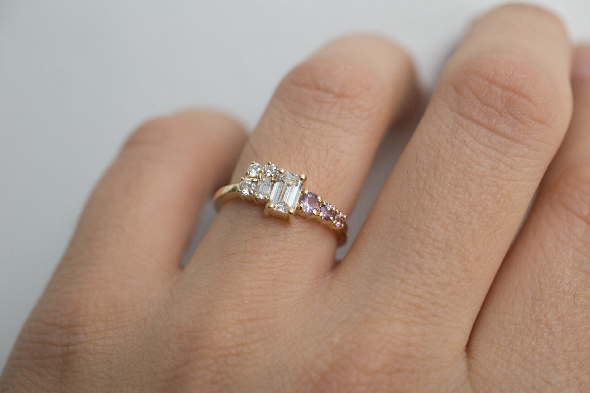Ailsa Ring | Emerald Cut Diamond + Lavender Sapphire and Diamond Cluster Engagement Ring | 14k Recycled Gold