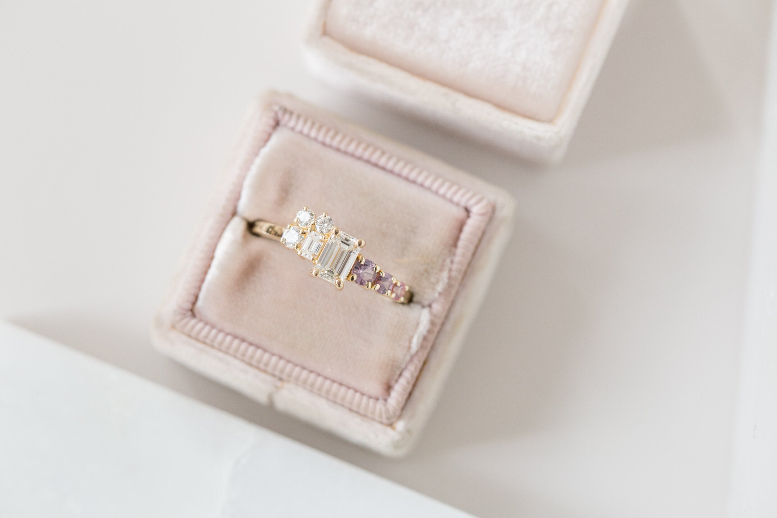 Ailsa Ring | Emerald Cut Diamond + Lavender Sapphire and Diamond Cluster Engagement Ring | 14k Recycled Gold