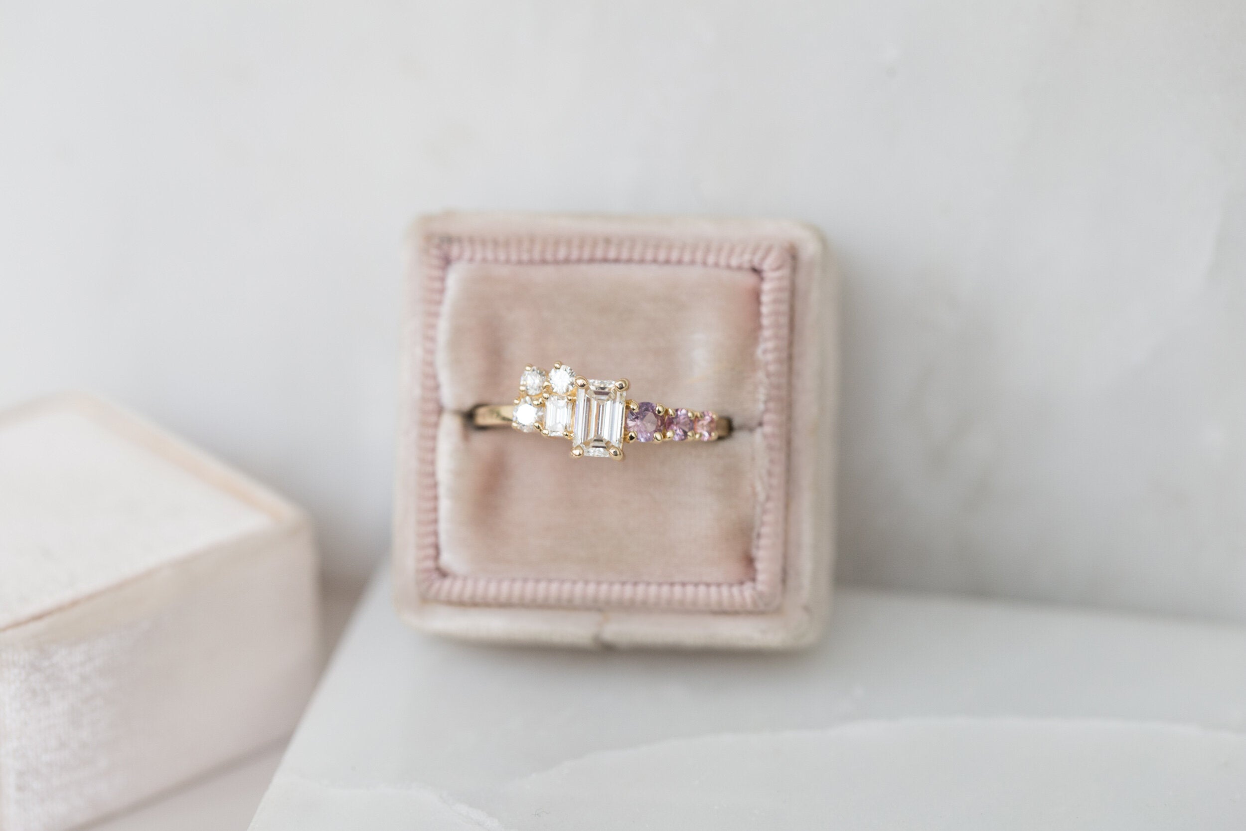 Ailsa Ring | Emerald Cut Diamond + Lavender Sapphire and Diamond Cluster Engagement Ring | 14k Recycled Gold