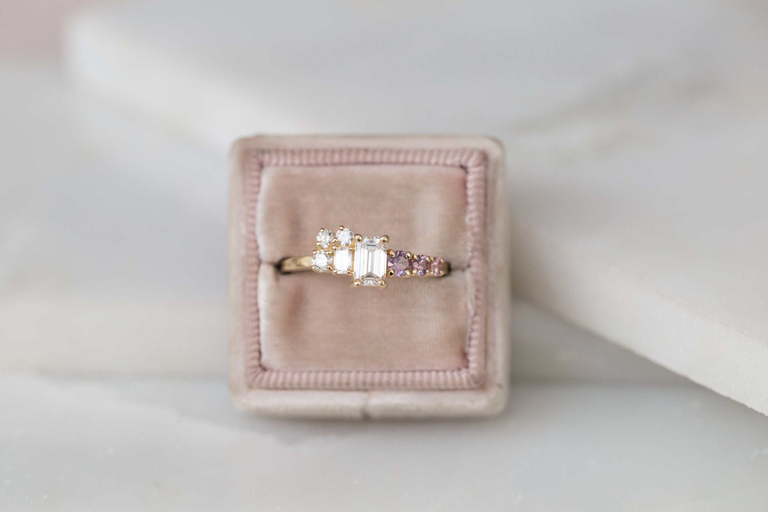 Ailsa Ring | Emerald Cut Diamond + Lavender Sapphire and Diamond Cluster Engagement Ring | 14k Recycled Gold