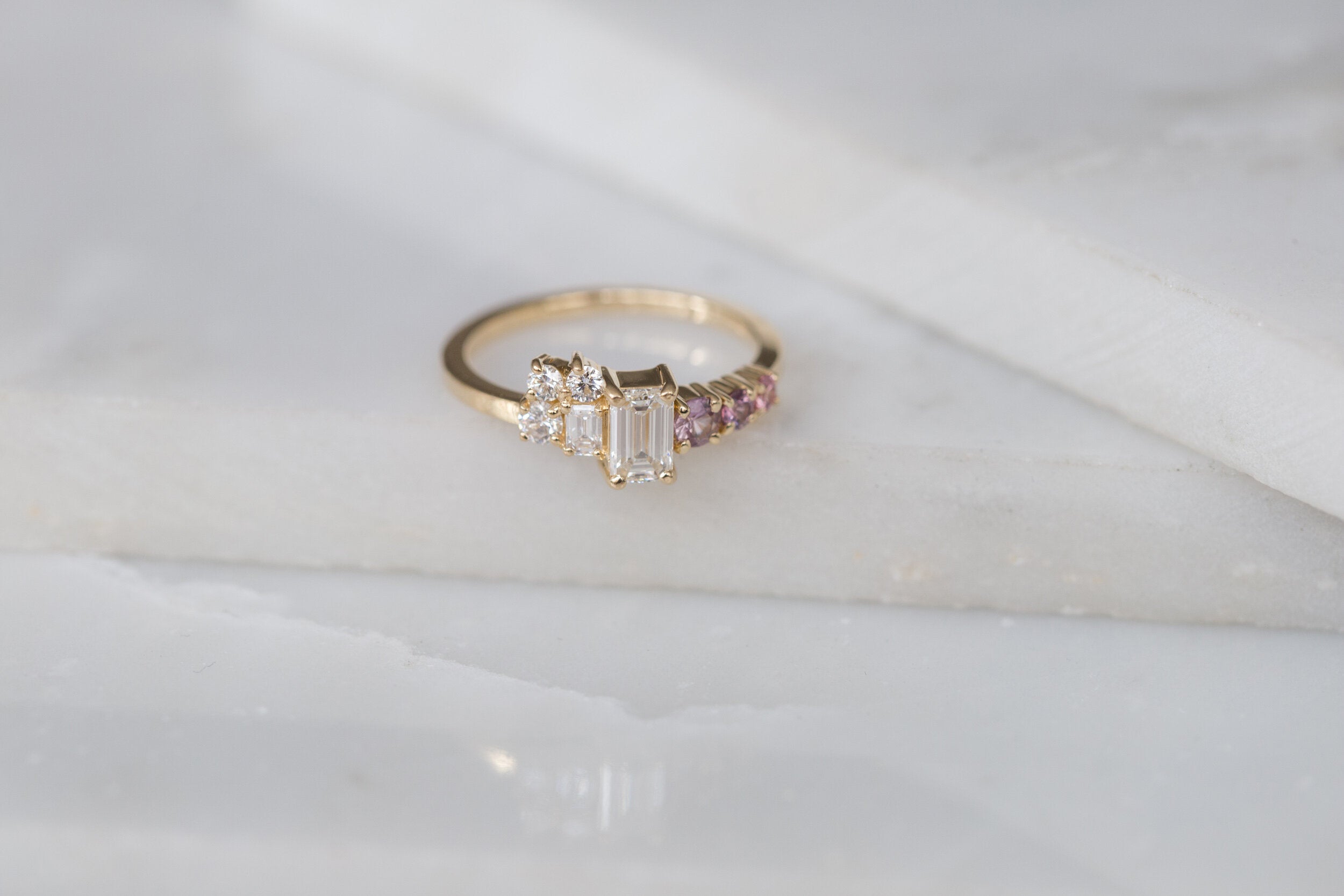Ailsa Ring | Emerald Cut Diamond + Lavender Sapphire and Diamond Cluster Engagement Ring | 14k Recycled Gold