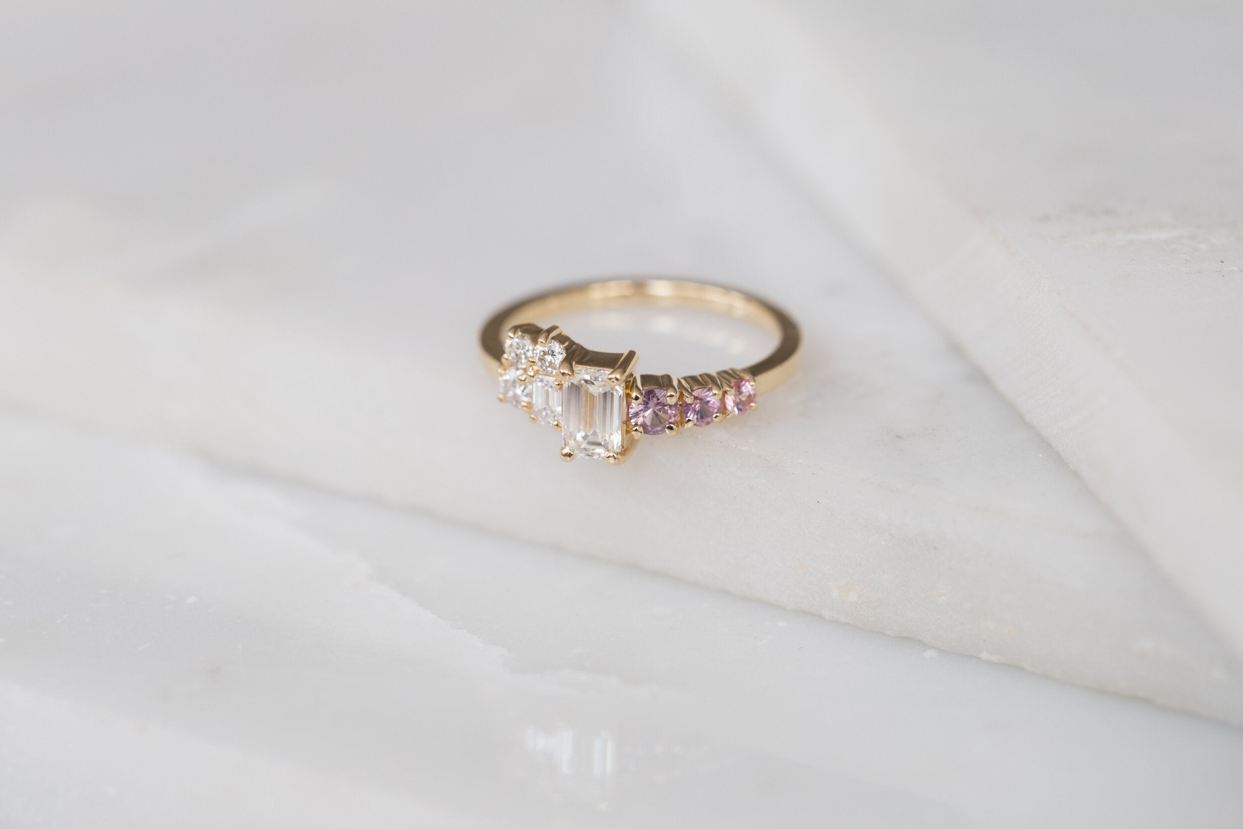Ailsa Ring | Emerald Cut Diamond + Lavender Sapphire and Diamond Cluster Engagement Ring | 14k Recycled Gold