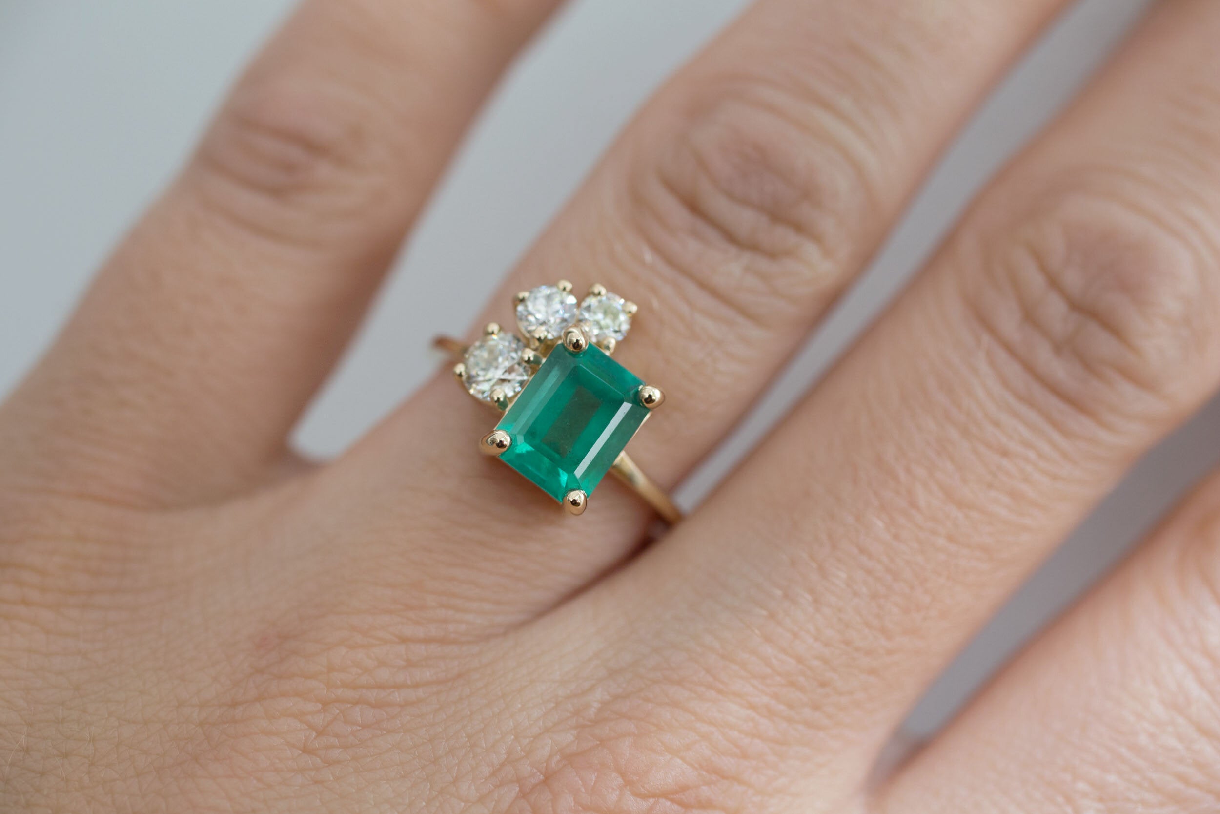 Adra Ring | Emerald + Old European Cut Diamond Cluster Engagement Ring | 14k Recycled Gold | One of a Kind