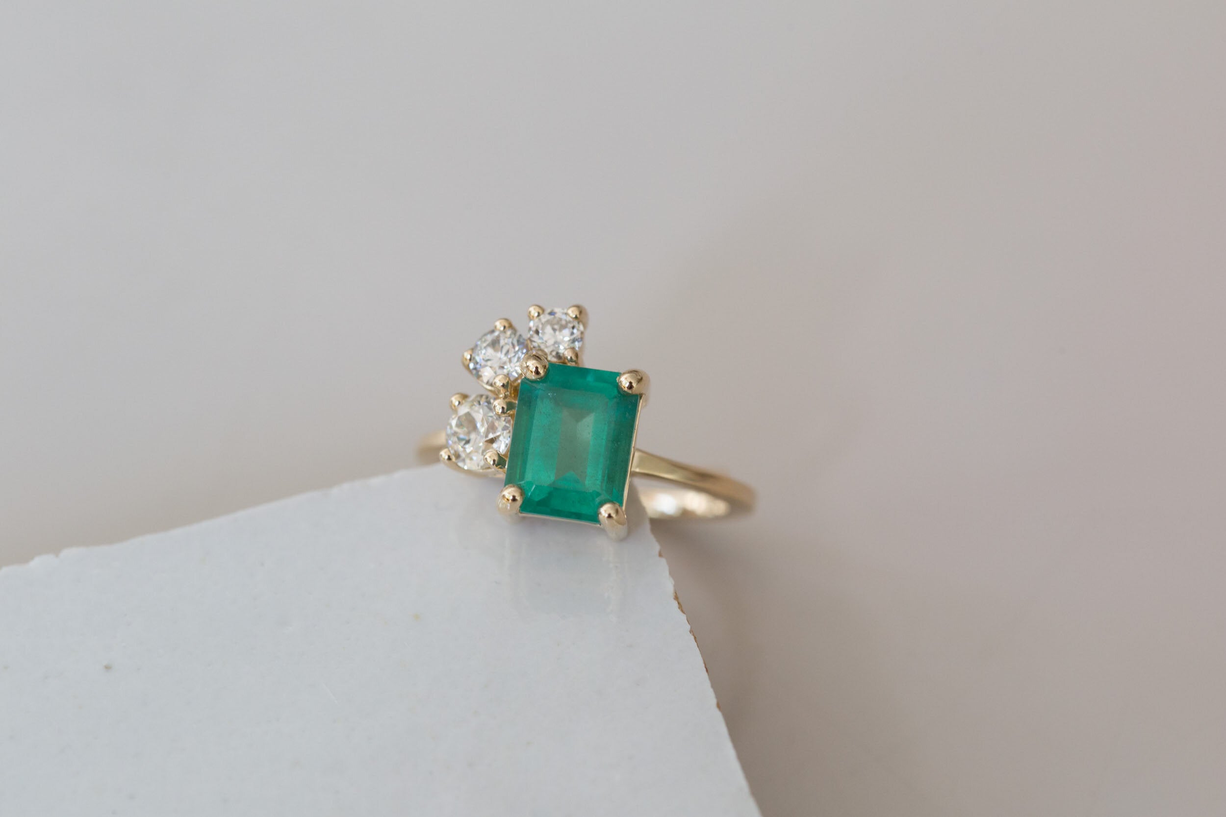 Adra Ring | Emerald + Old European Cut Diamond Cluster Engagement Ring | 14k Recycled Gold | One of a Kind