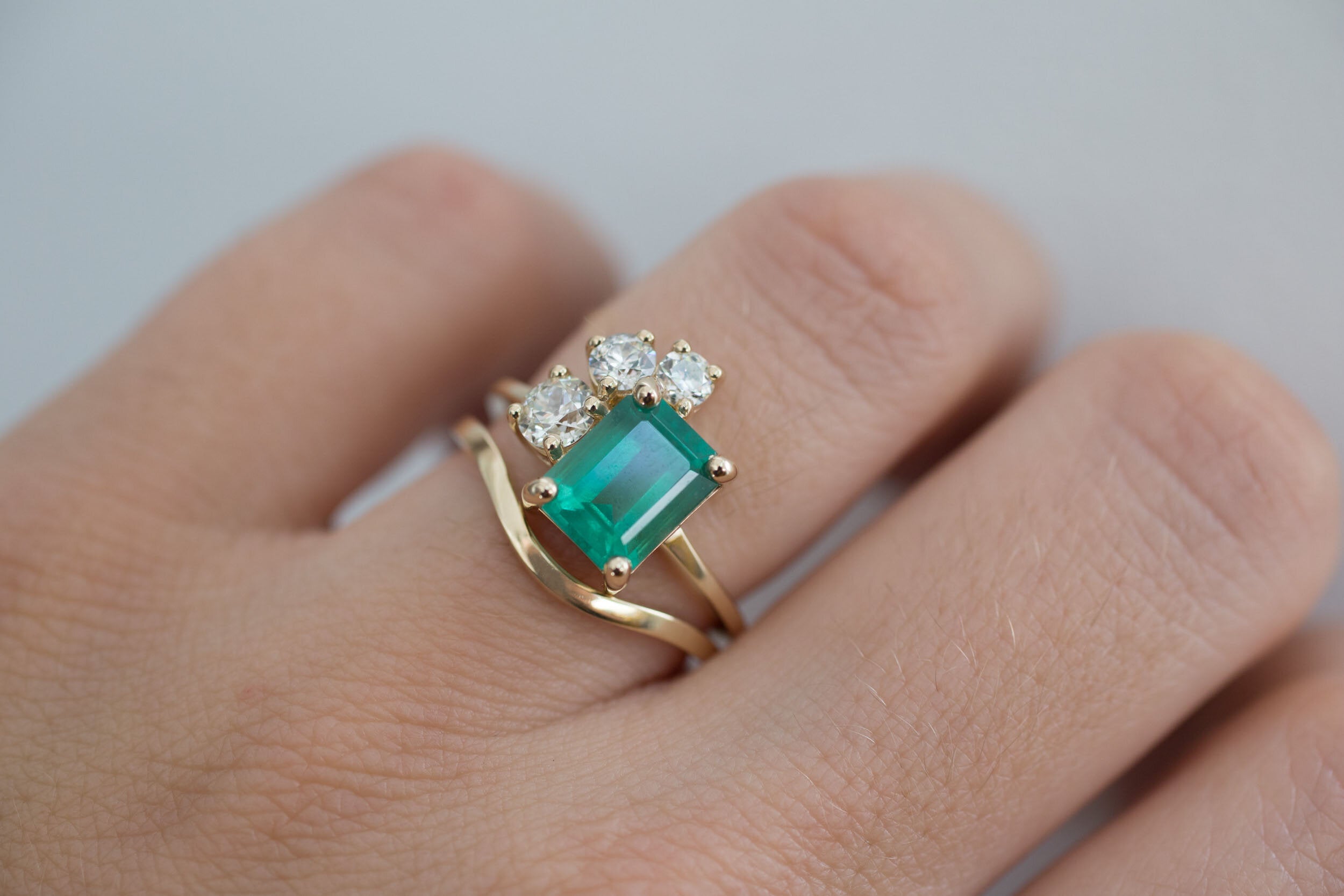 Adra Ring | Emerald + Old European Cut Diamond Cluster Engagement Ring | 14k Recycled Gold | One of a Kind