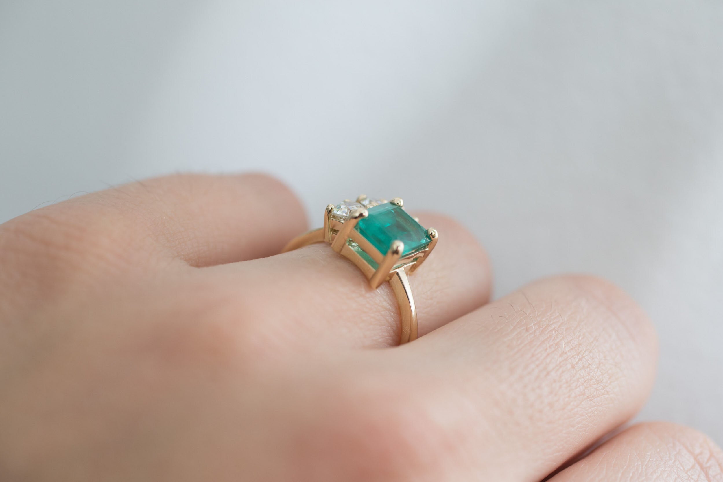 Adra Ring | Emerald + Old European Cut Diamond Cluster Engagement Ring | 14k Recycled Gold | One of a Kind