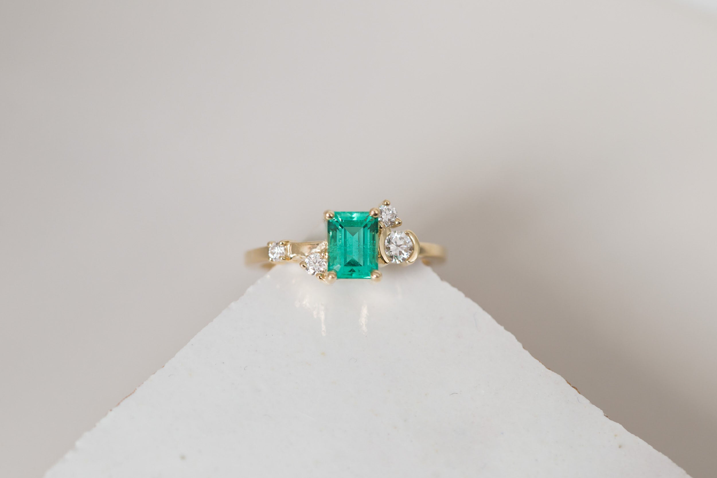 Mae Ring | Russian Emerald + Diamond Cluster Engagement Ring | 14k Recycled Gold | One of a Kind