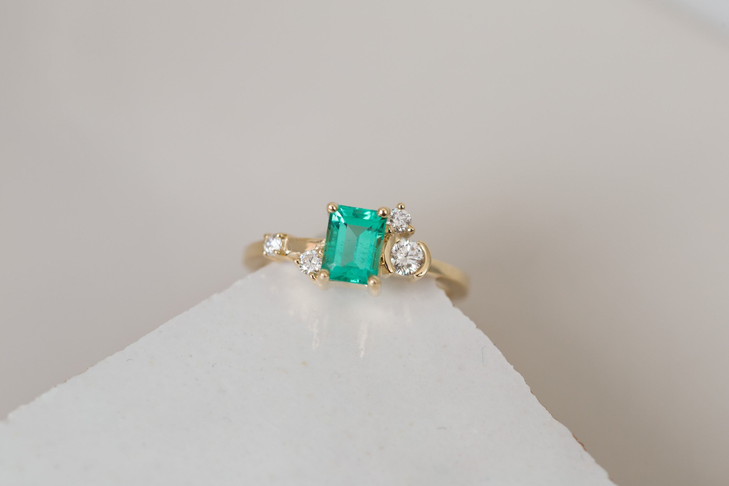 Mae Ring | Russian Emerald + Diamond Cluster Engagement Ring | 14k Recycled Gold | One of a Kind