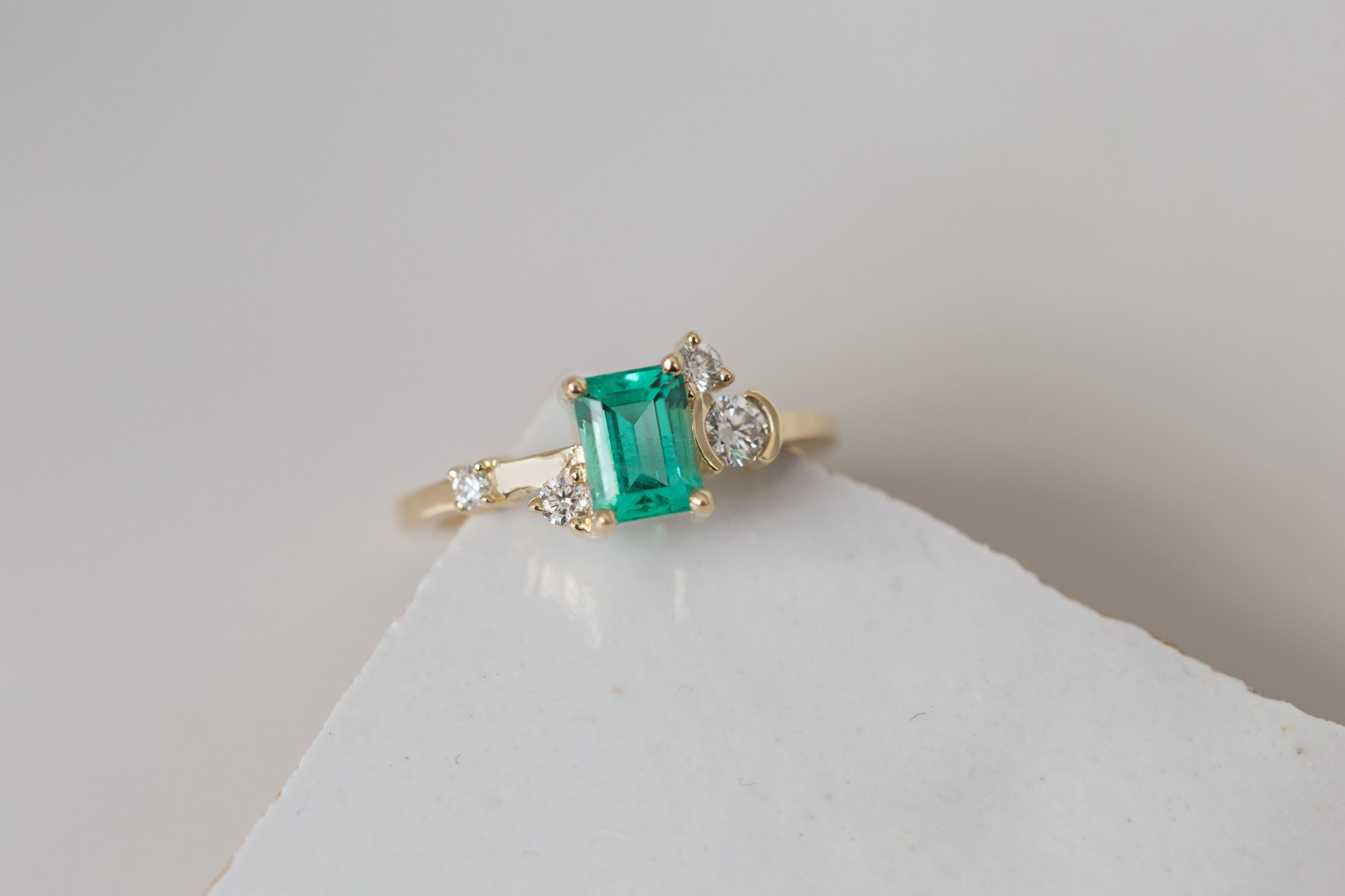 Mae Ring | Russian Emerald + Diamond Cluster Engagement Ring | 14k Recycled Gold | One of a Kind