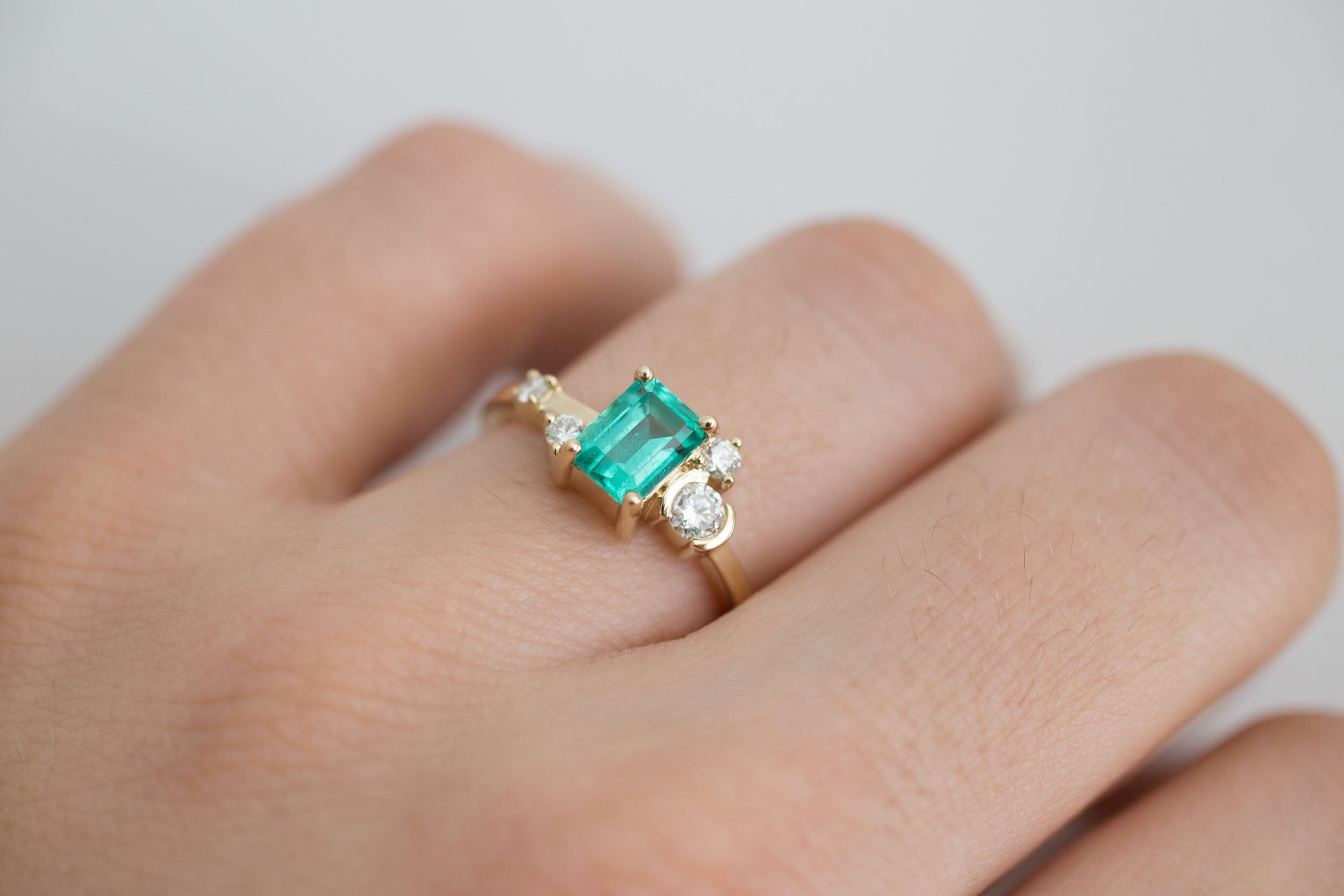 Mae Ring | Russian Emerald + Diamond Cluster Engagement Ring | 14k Recycled Gold | One of a Kind
