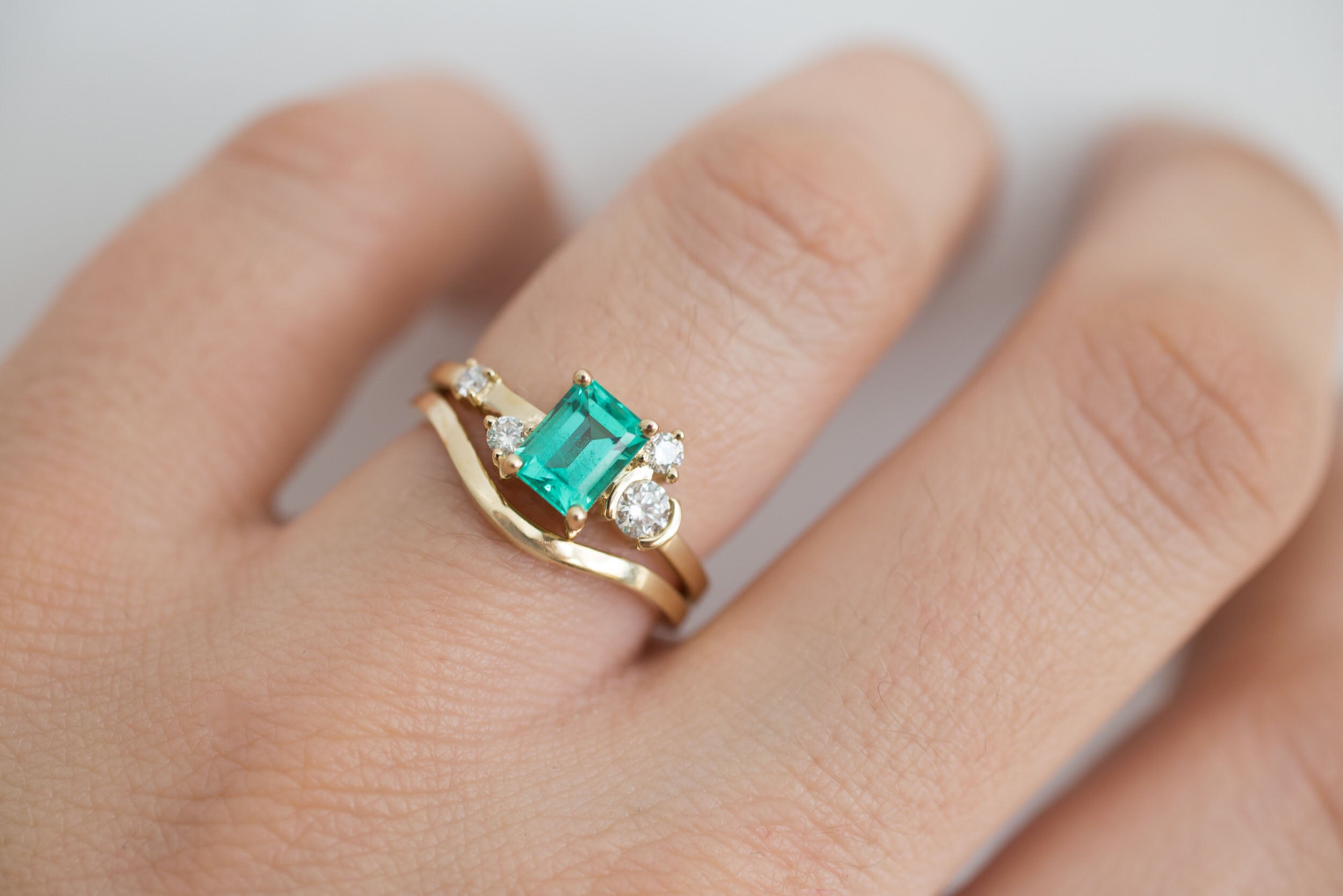 Mae Ring | Russian Emerald + Diamond Cluster Engagement Ring | 14k Recycled Gold | One of a Kind