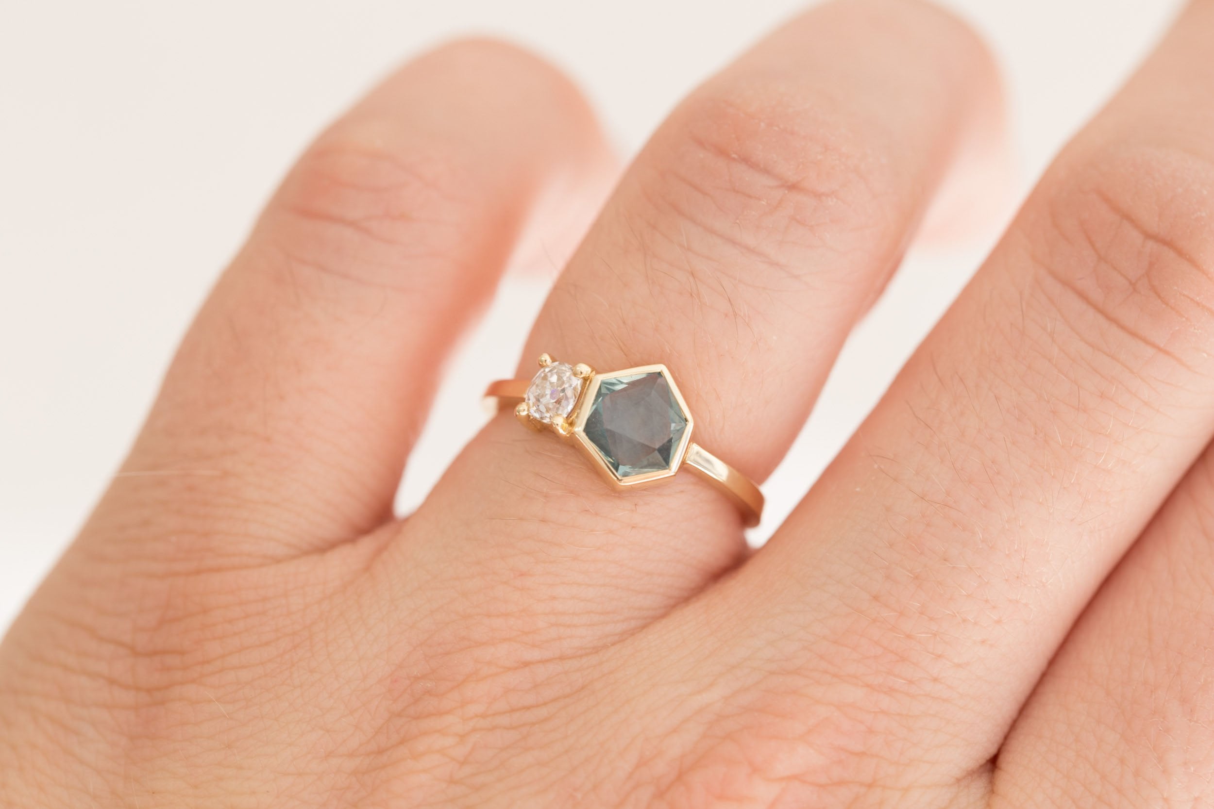 Gaia Ring | Teal Geocut Sapphire + Antique Diamond Engagement Ring | 14k Recycled Gold | One of a Kind