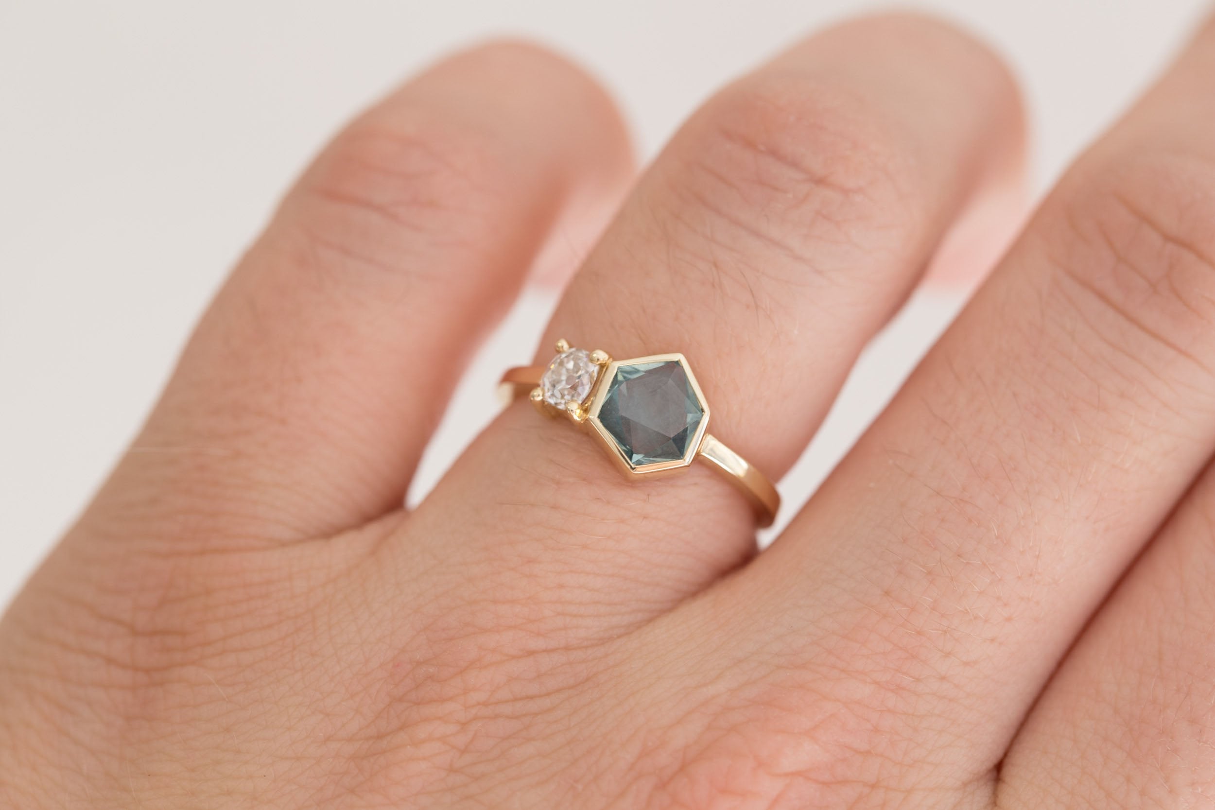 Gaia Ring | Teal Geocut Sapphire + Antique Diamond Engagement Ring | 14k Recycled Gold | One of a Kind