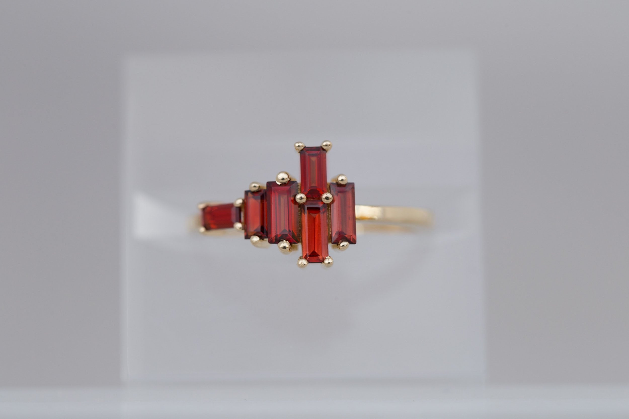 Seneca Ring | Asymmetrical Garnet Baguette Ring | 14k Recycled Gold
