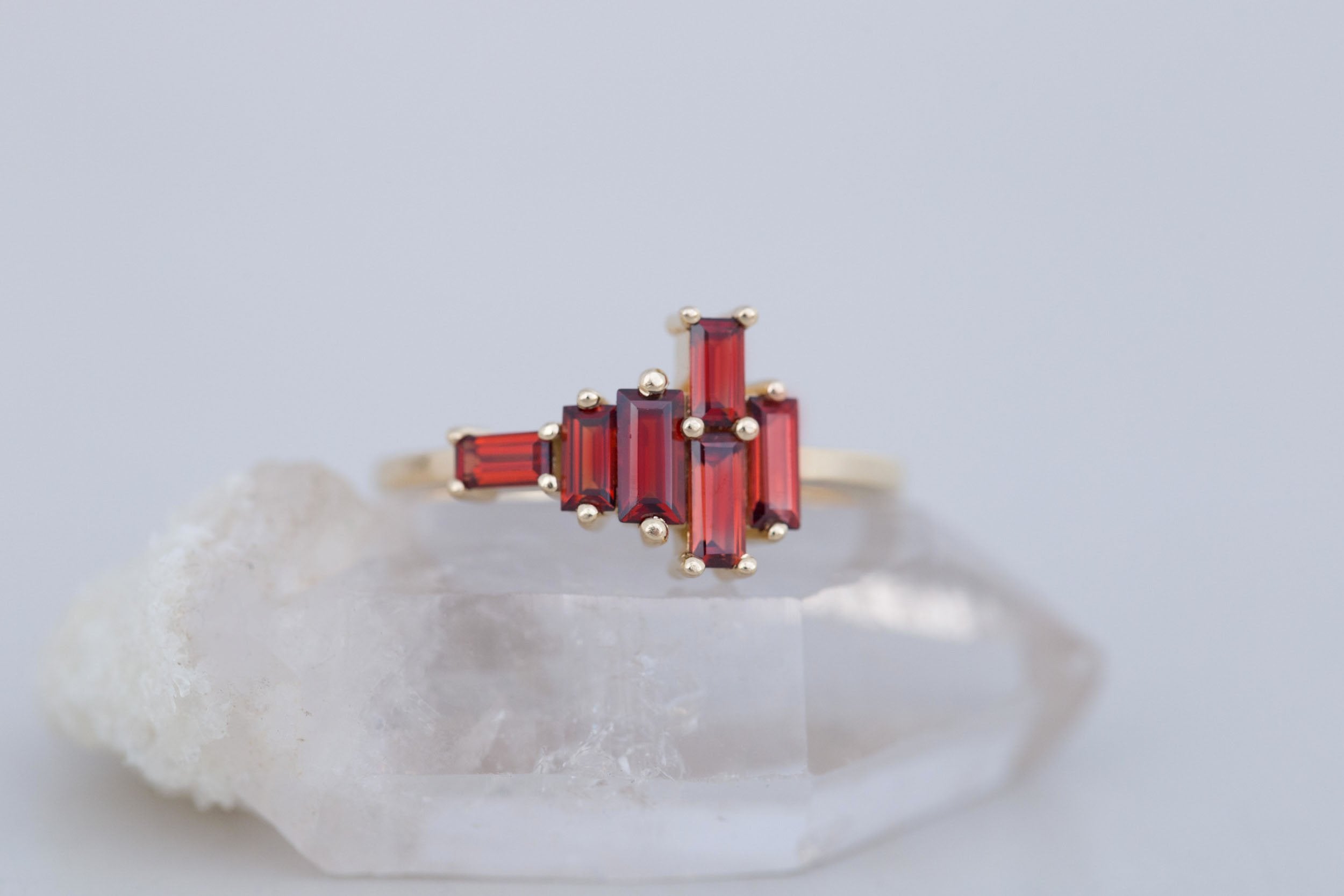 Seneca Ring | Asymmetrical Garnet Baguette Ring | 14k Recycled Gold