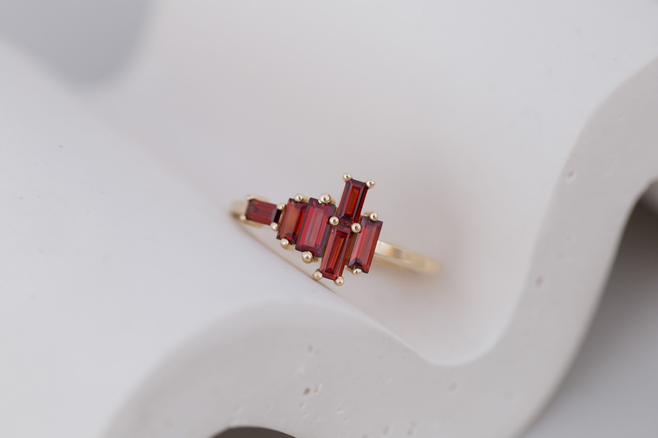 Seneca Ring | Asymmetrical Garnet Baguette Ring | 14k Recycled Gold