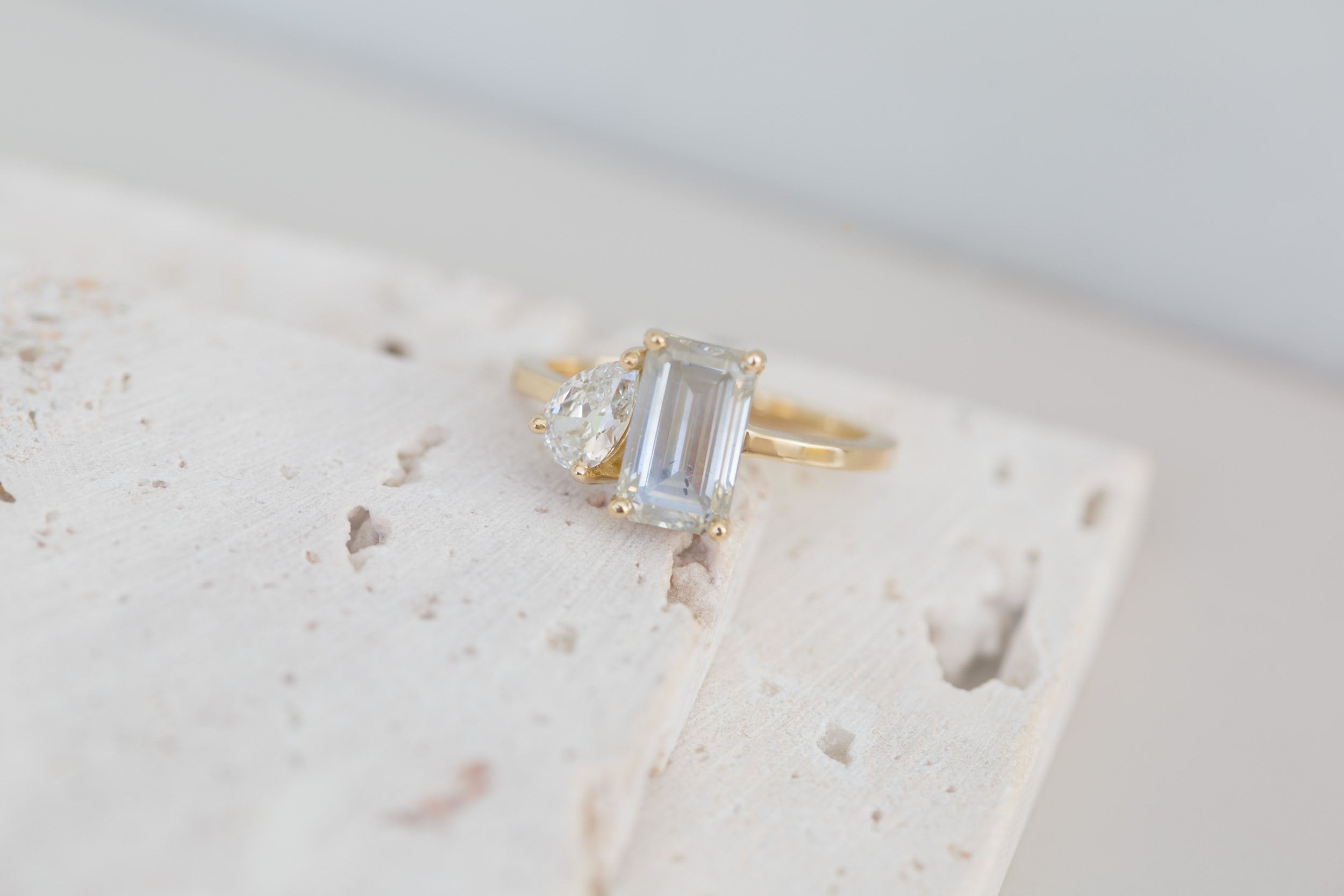Liana Ring | Grey Emerald Cut Diamond + Pear Diamond Engagement Ring | 14k Recycled Gold | One of a Kind