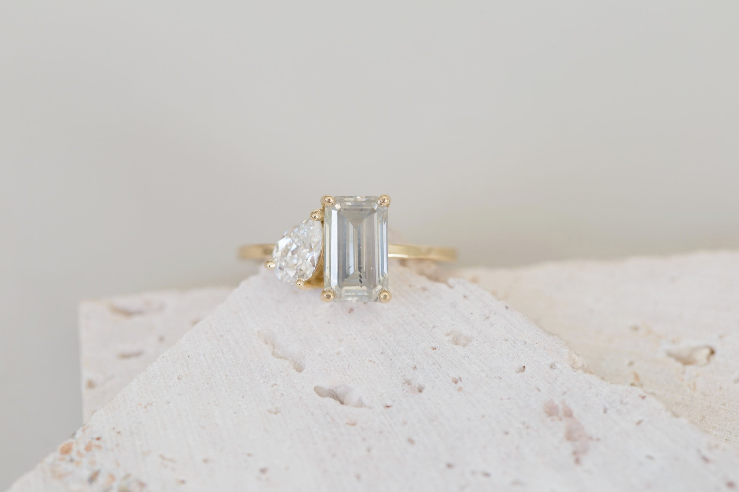 Liana Ring | Grey Emerald Cut Diamond + Pear Diamond Engagement Ring | 14k Recycled Gold | One of a Kind
