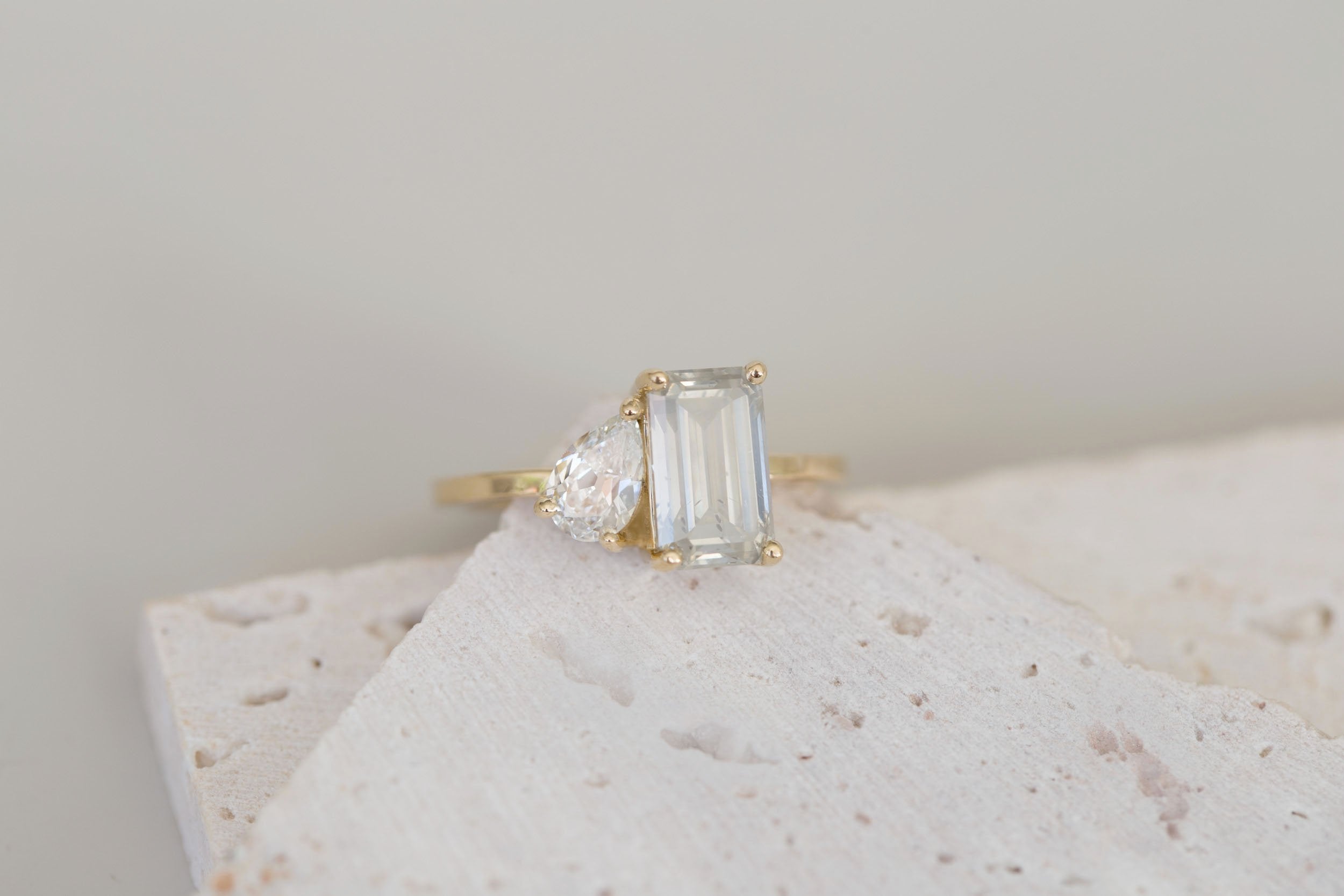 Liana Ring | Grey Emerald Cut Diamond + Pear Diamond Engagement Ring | 14k Recycled Gold | One of a Kind