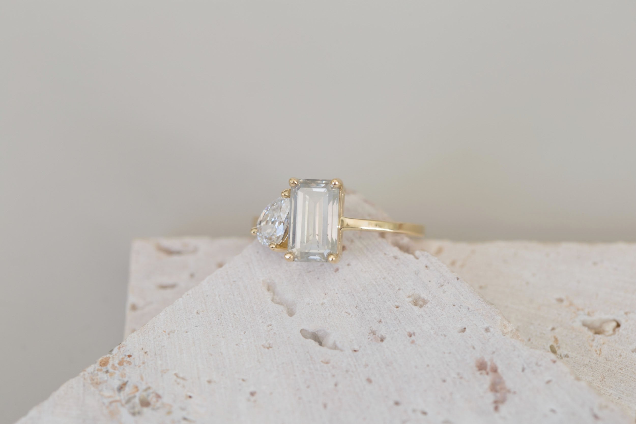 Liana Ring | Grey Emerald Cut Diamond + Pear Diamond Engagement Ring | 14k Recycled Gold | One of a Kind
