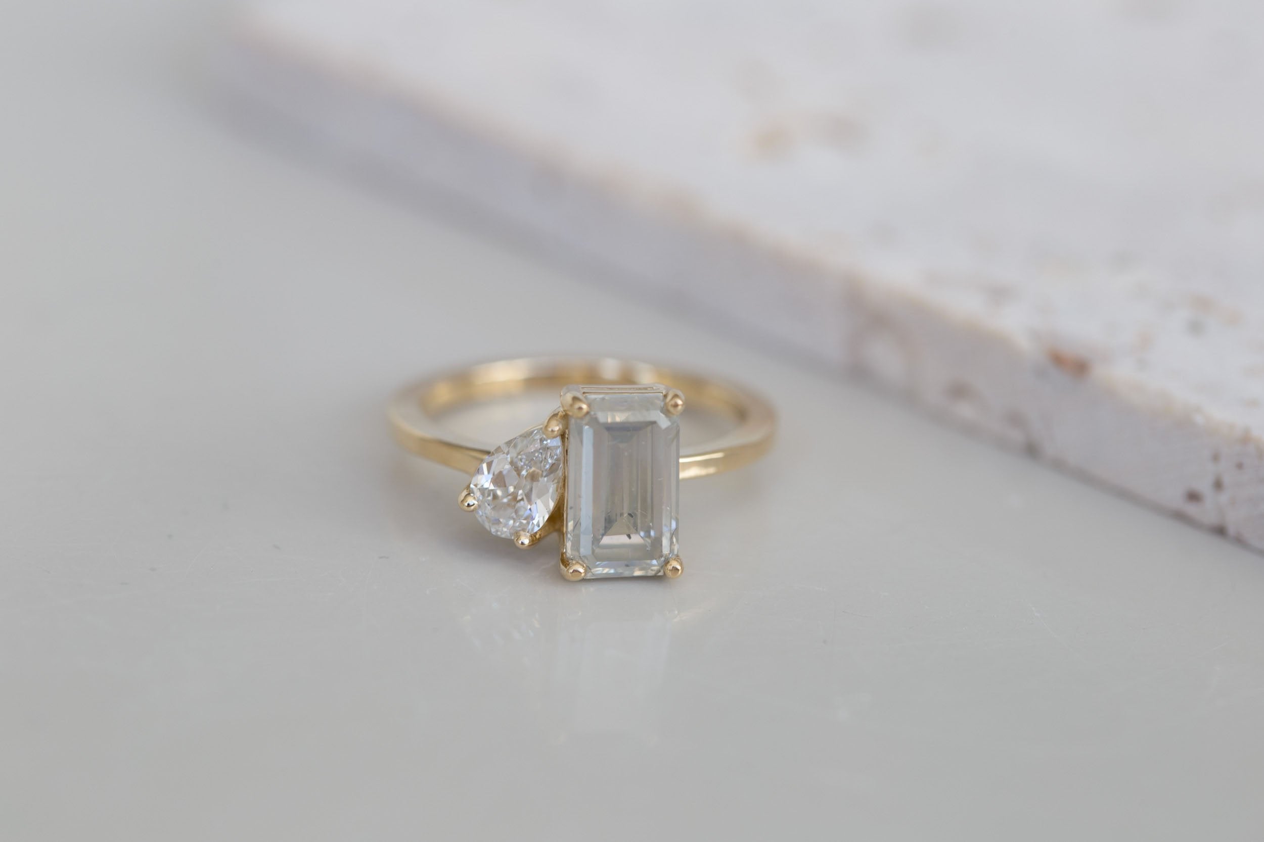 Liana Ring | Grey Emerald Cut Diamond + Pear Diamond Engagement Ring | 14k Recycled Gold | One of a Kind