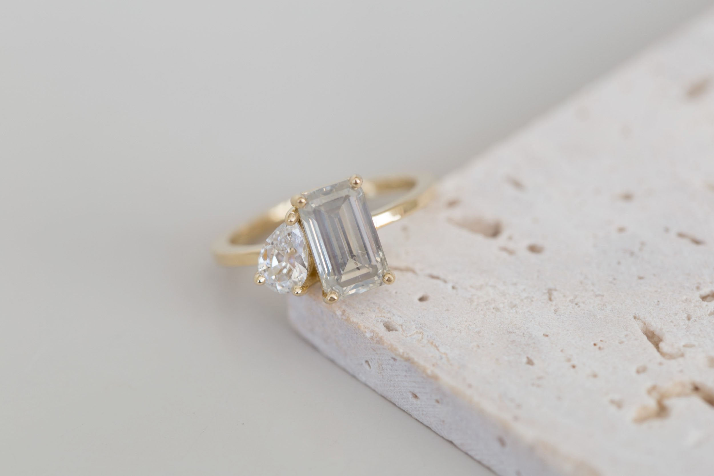 Liana Ring | Grey Emerald Cut Diamond + Pear Diamond Engagement Ring | 14k Recycled Gold | One of a Kind