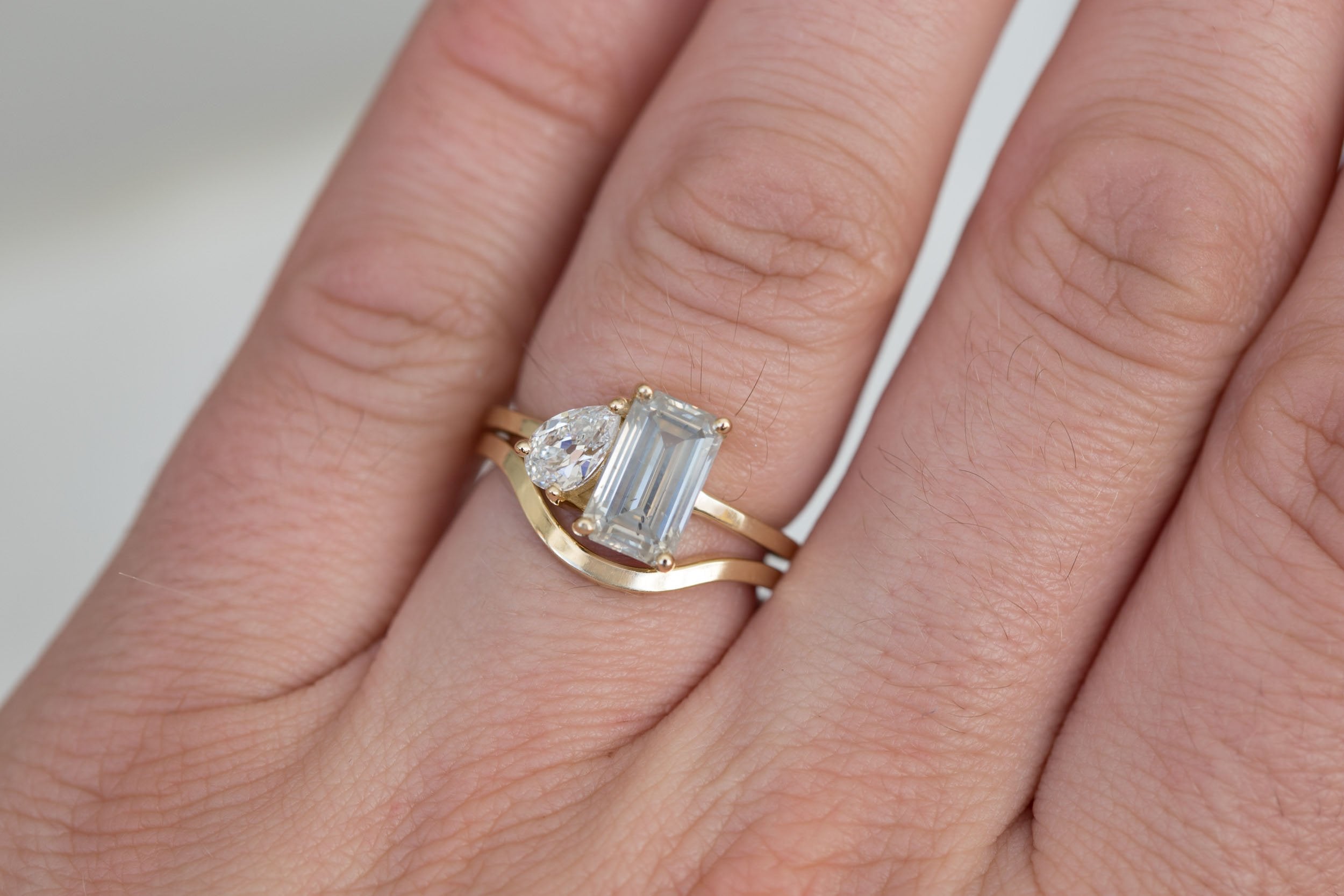 Liana Ring | Grey Emerald Cut Diamond + Pear Diamond Engagement Ring | 14k Recycled Gold | One of a Kind