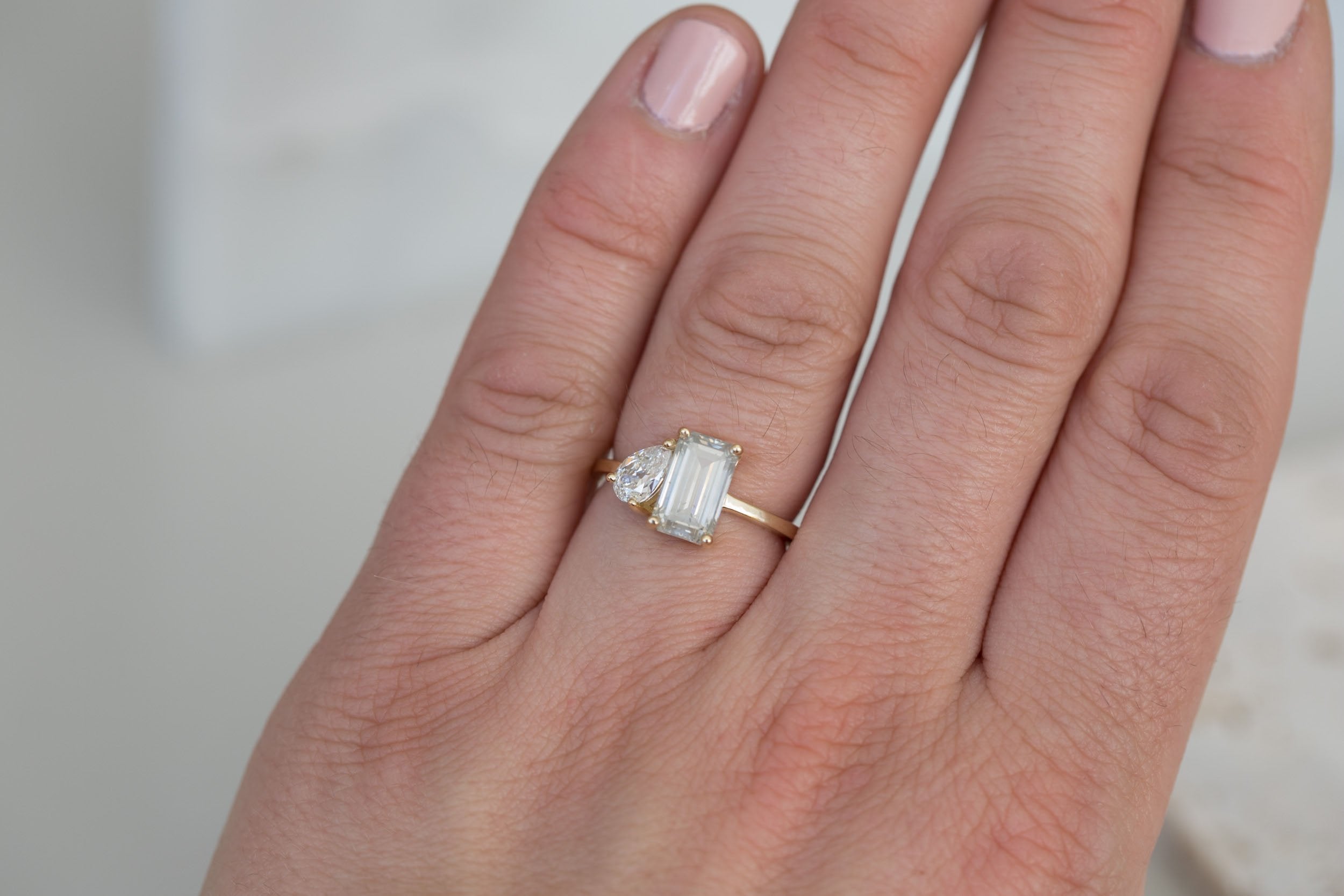 Liana Ring | Grey Emerald Cut Diamond + Pear Diamond Engagement Ring | 14k Recycled Gold | One of a Kind