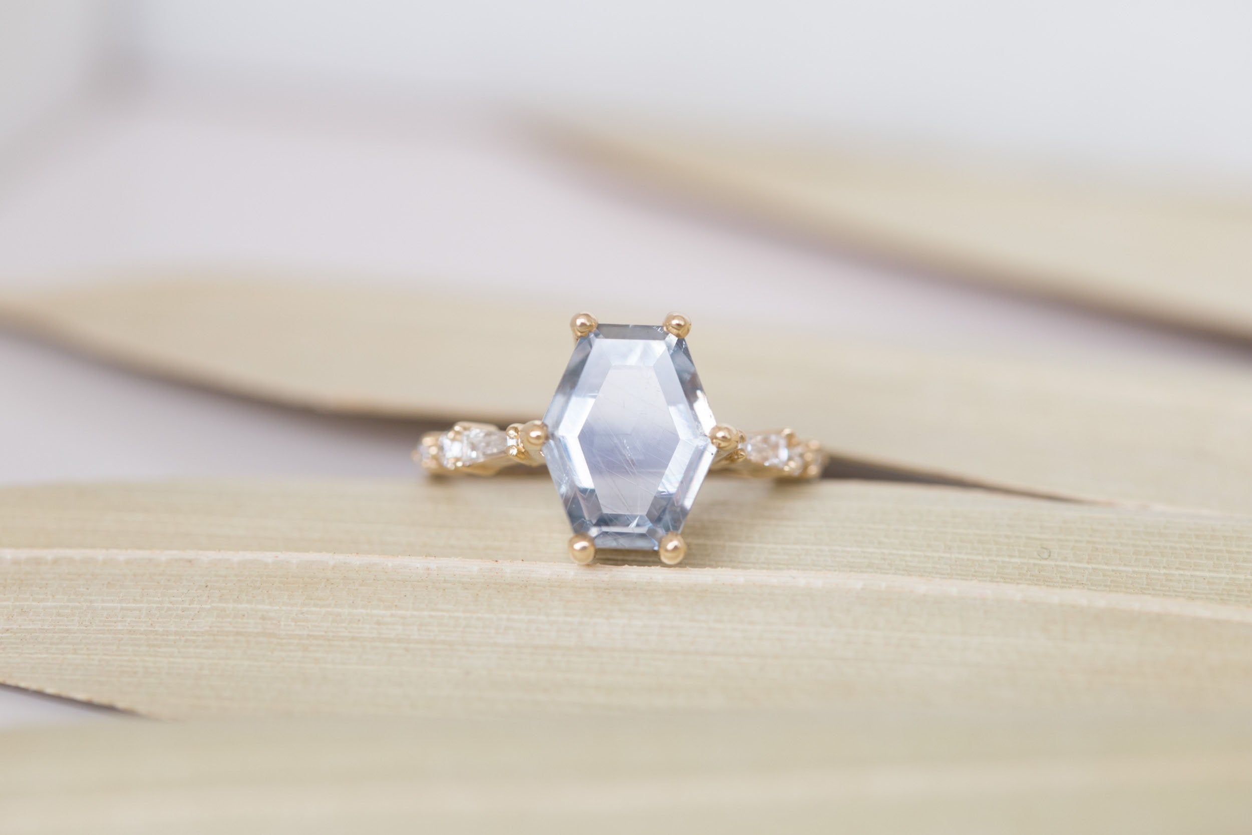 Liesel Ring | Grey Hexagonal Portrait Cut Sapphire + Diamond Baguette Accent Engagement Ring 3.81 ct | 14k Recycled Gold | One of a Kind