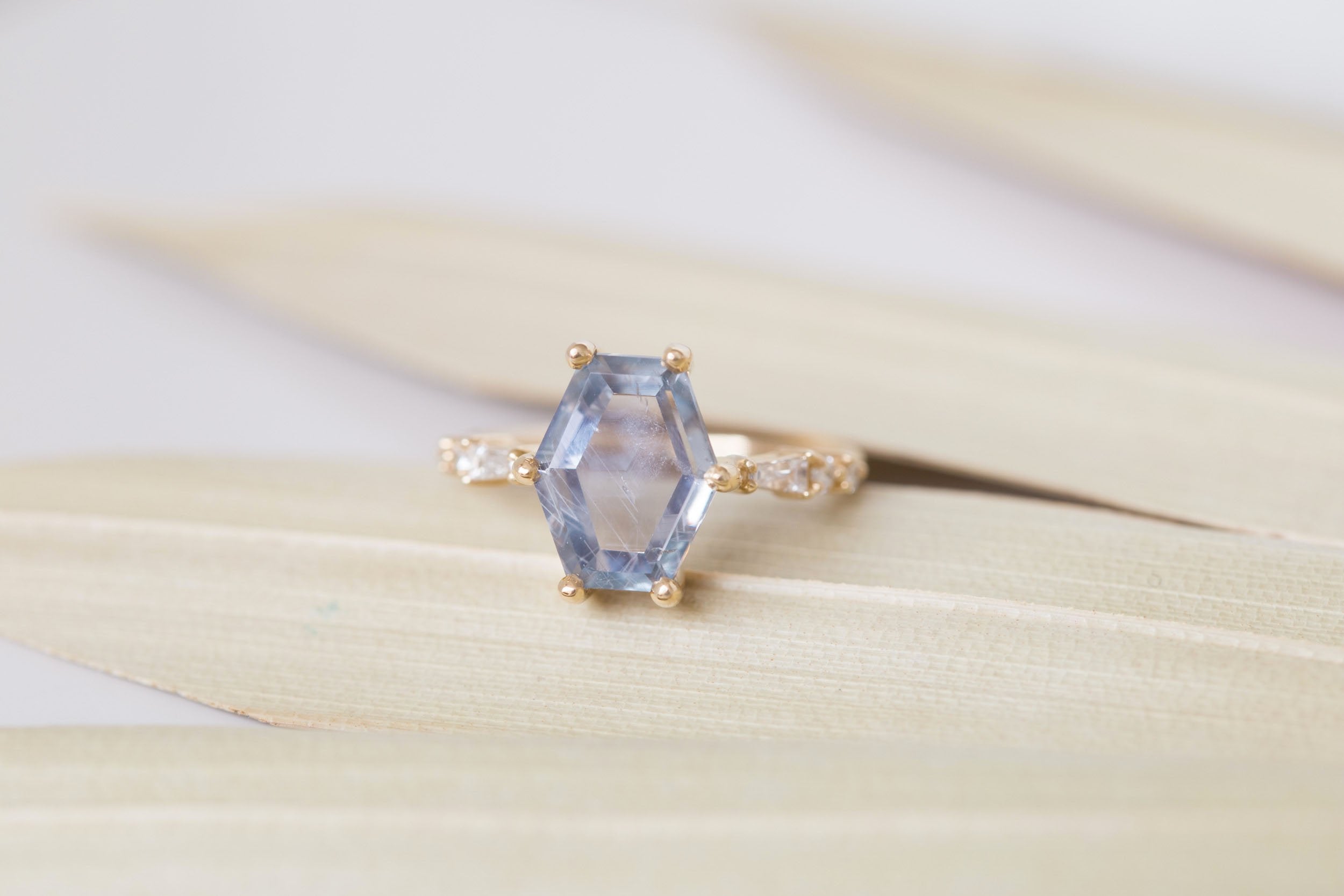 Liesel Ring | Grey Hexagonal Portrait Cut Sapphire + Diamond Baguette Accent Engagement Ring 3.81 ct | 14k Recycled Gold | One of a Kind