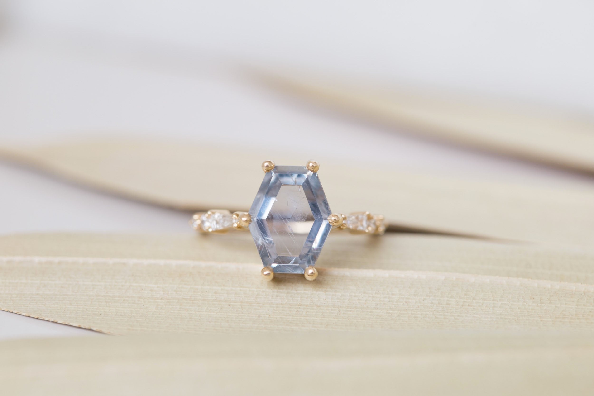 Liesel Ring | Grey Hexagonal Portrait Cut Sapphire + Diamond Baguette Accent Engagement Ring 3.81 ct | 14k Recycled Gold | One of a Kind