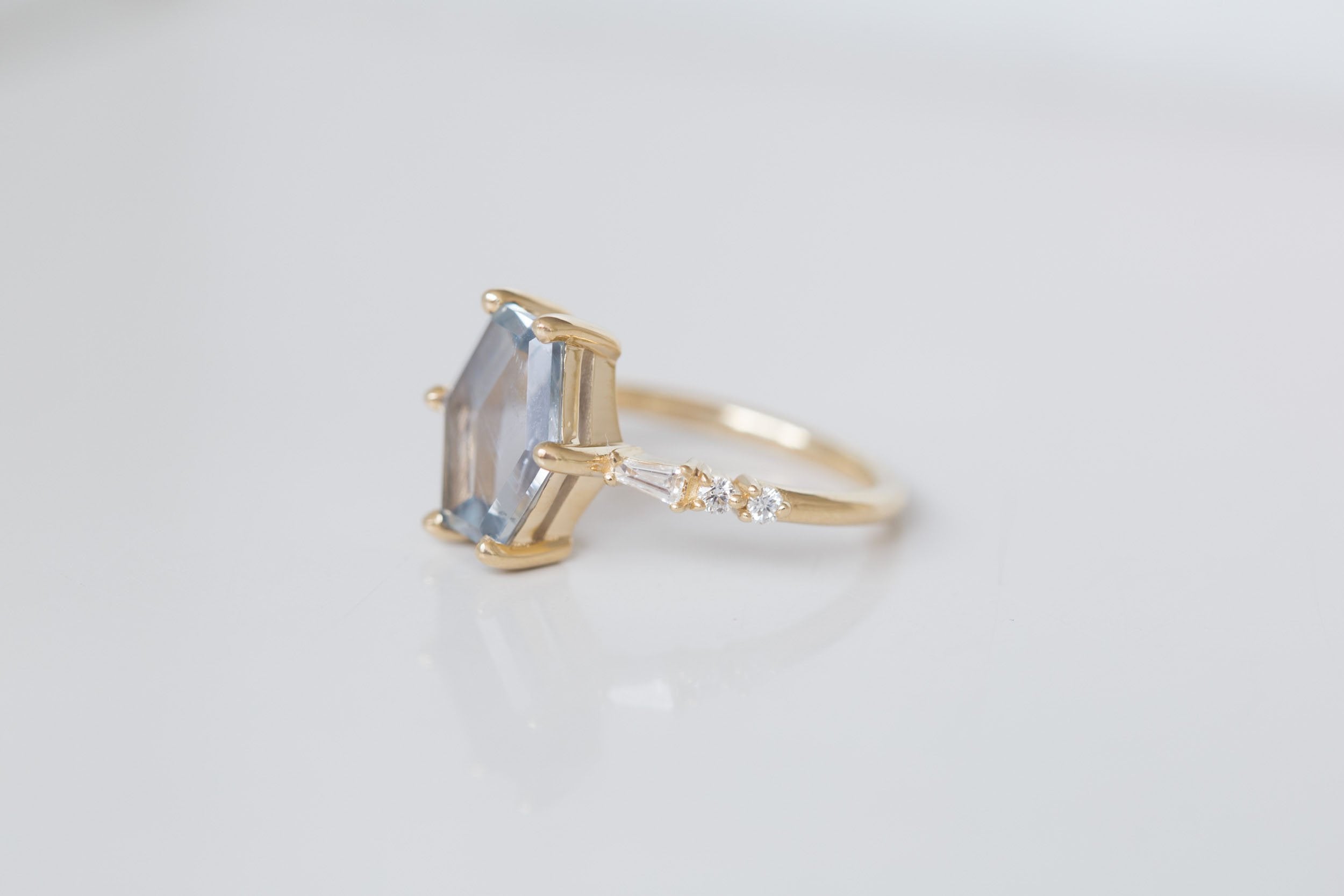 Liesel Ring | Grey Hexagonal Portrait Cut Sapphire + Diamond Baguette Accent Engagement Ring 3.81 ct | 14k Recycled Gold | One of a Kind