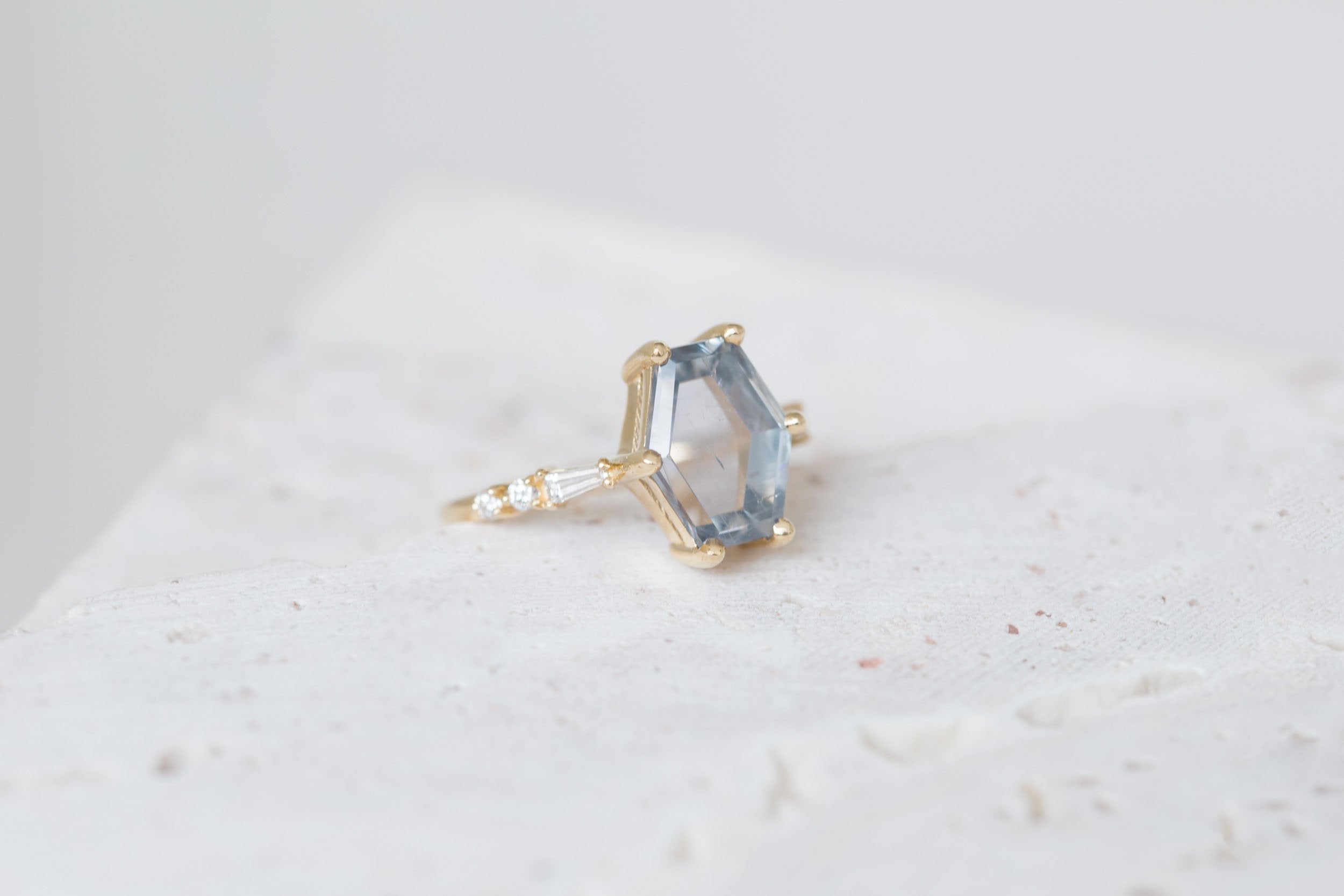 Liesel Ring | Grey Hexagonal Portrait Cut Sapphire + Diamond Baguette Accent Engagement Ring 3.81 ct | 14k Recycled Gold | One of a Kind